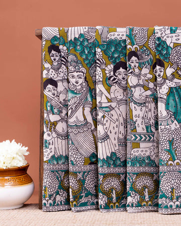 Traditional Kalamkari Cotton Saree with Mythological Narrative and Tree of Life Motifs - Green