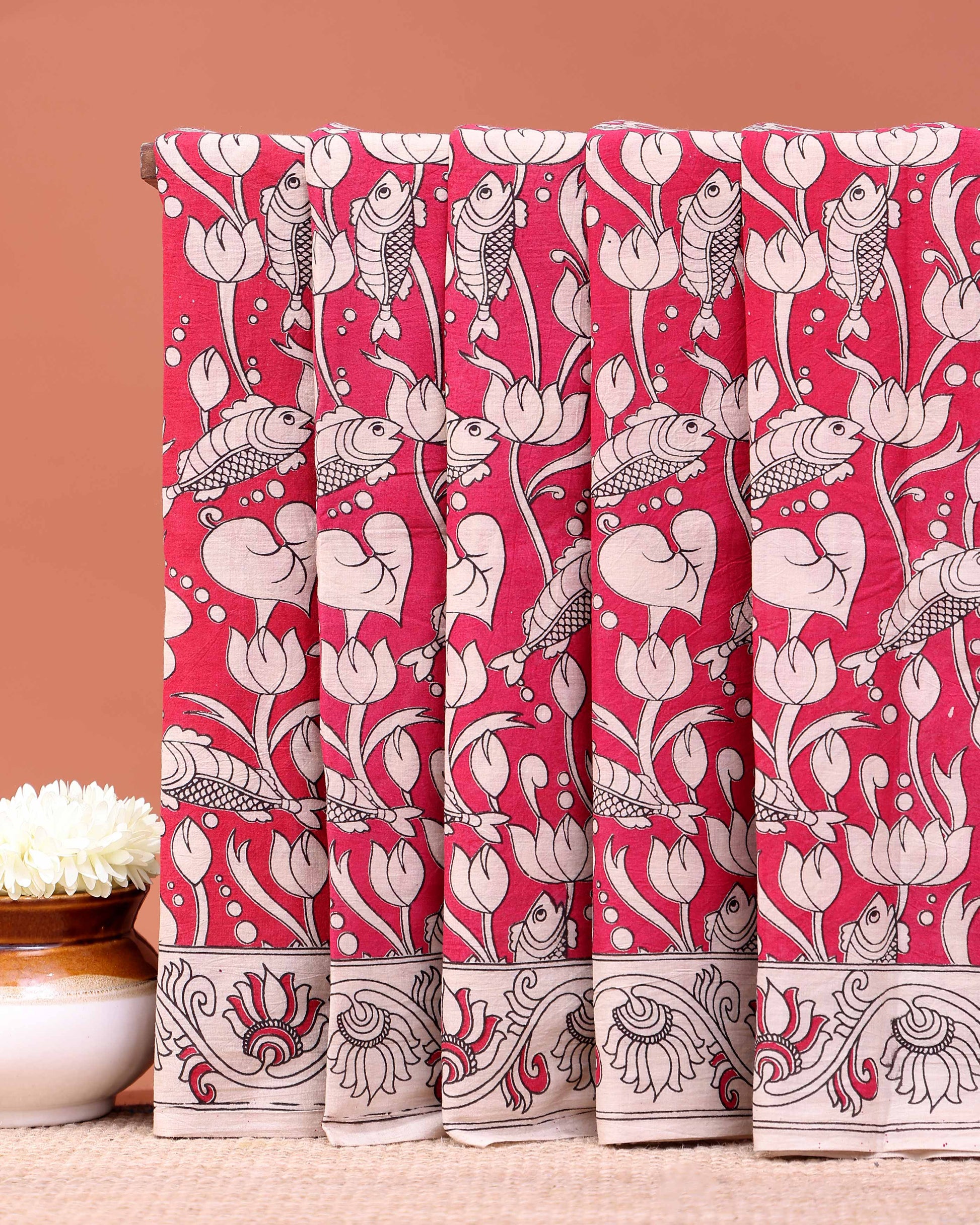 Traditional Kalamkari Cotton Saree with Nature-Inspired Motifs - Red