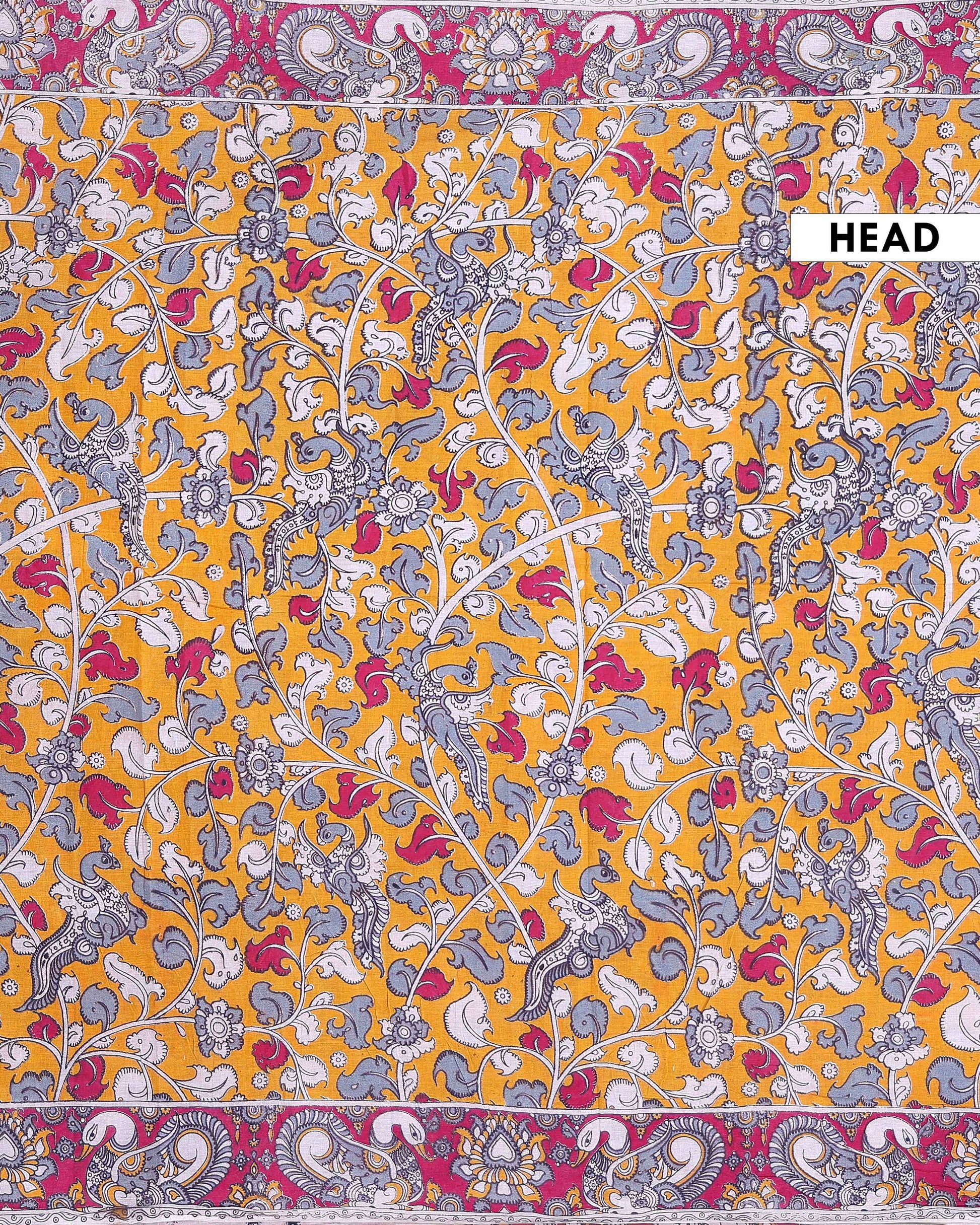 Traditional Kalamkari Cotton Saree with Peacock and Floral Motifs - Orange