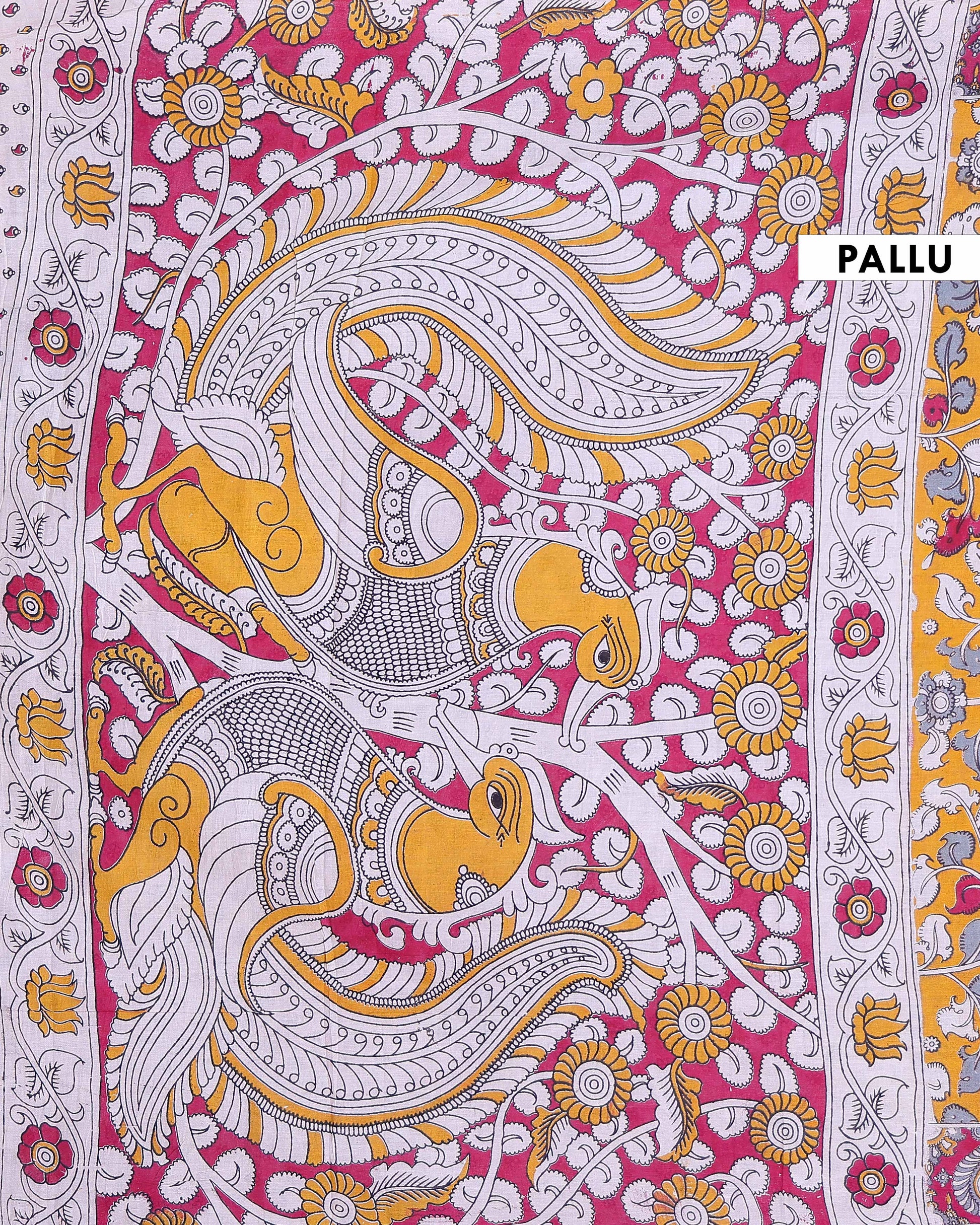 Traditional Kalamkari Cotton Saree with Peacock and Floral Motifs - Orange