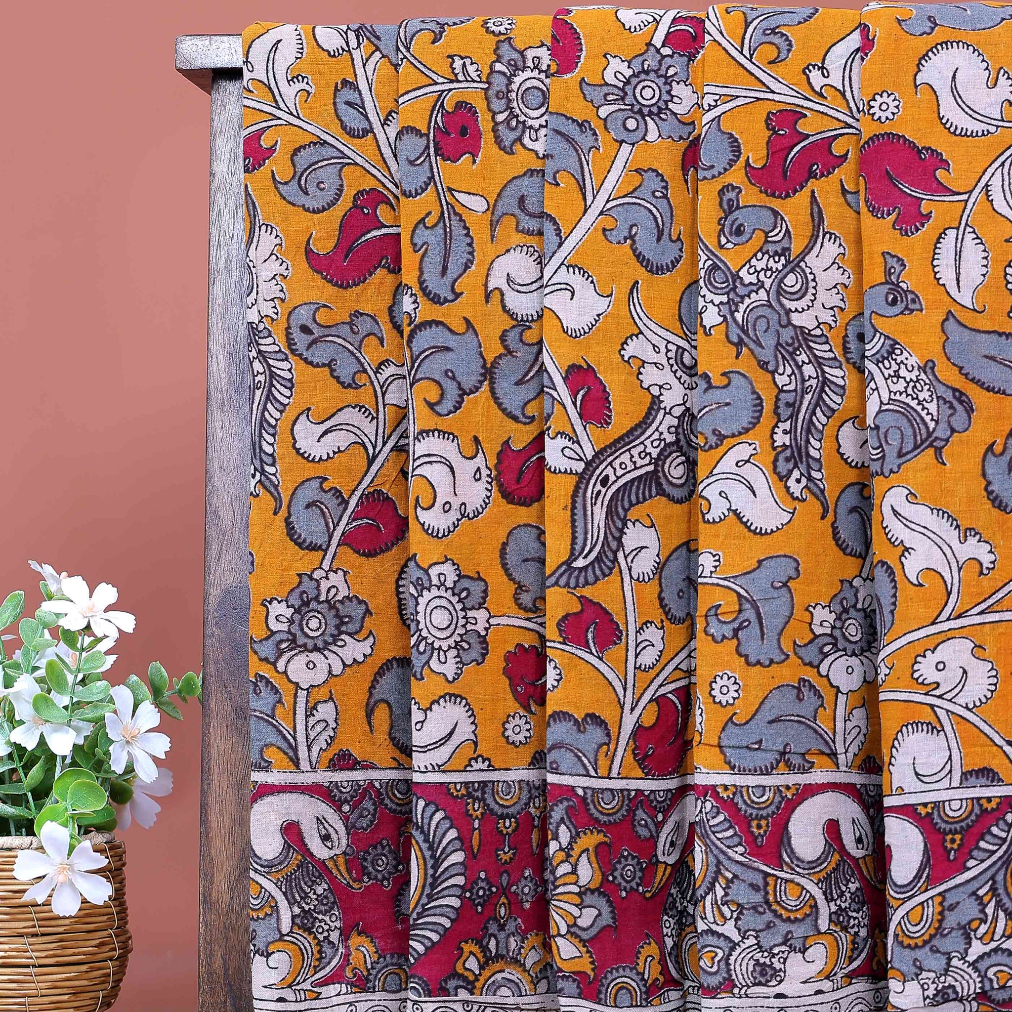 Traditional Kalamkari Cotton Saree with Peacock and Floral Motifs - Orange