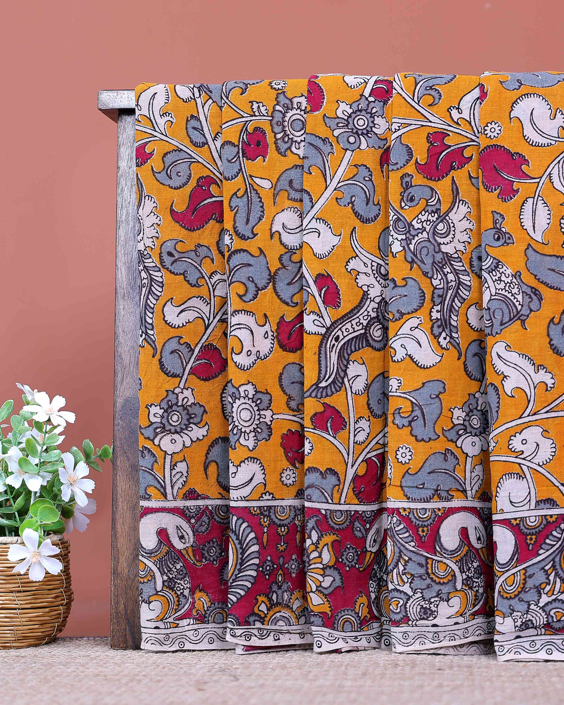 Traditional Kalamkari Cotton Saree with Peacock and Floral Motifs - Orange