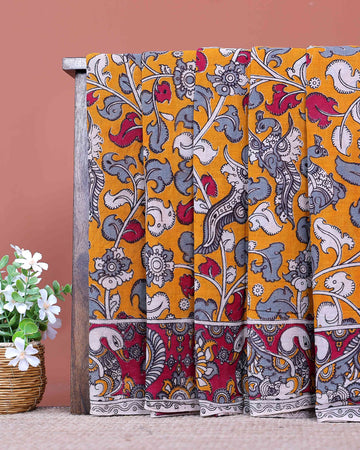 Traditional Kalamkari Cotton Saree with Peacock and Floral Motifs - Orange