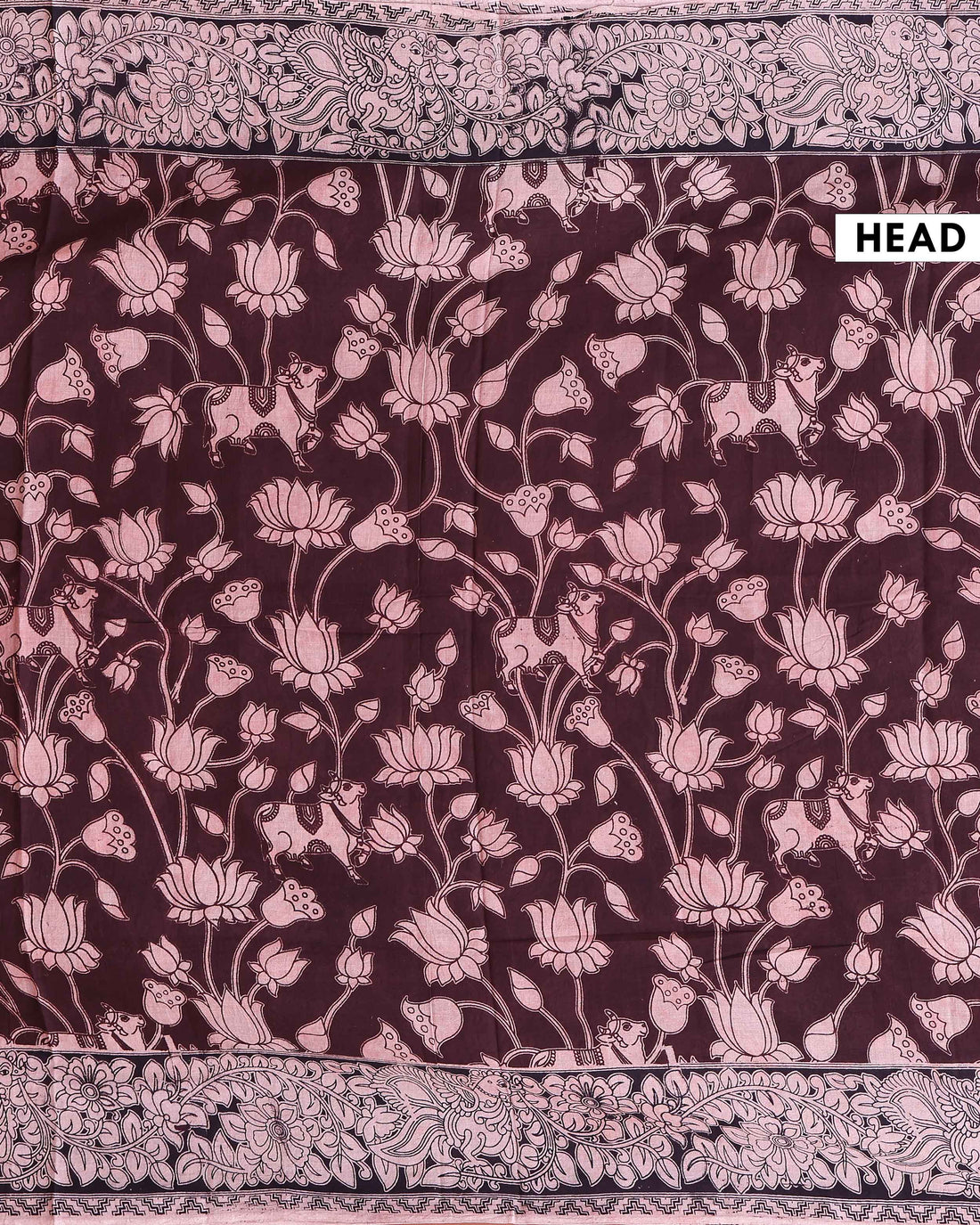 Traditional Kalamkari Cotton Saree with Timeless Lotus Artwork and Border Detailing - Dark Brown