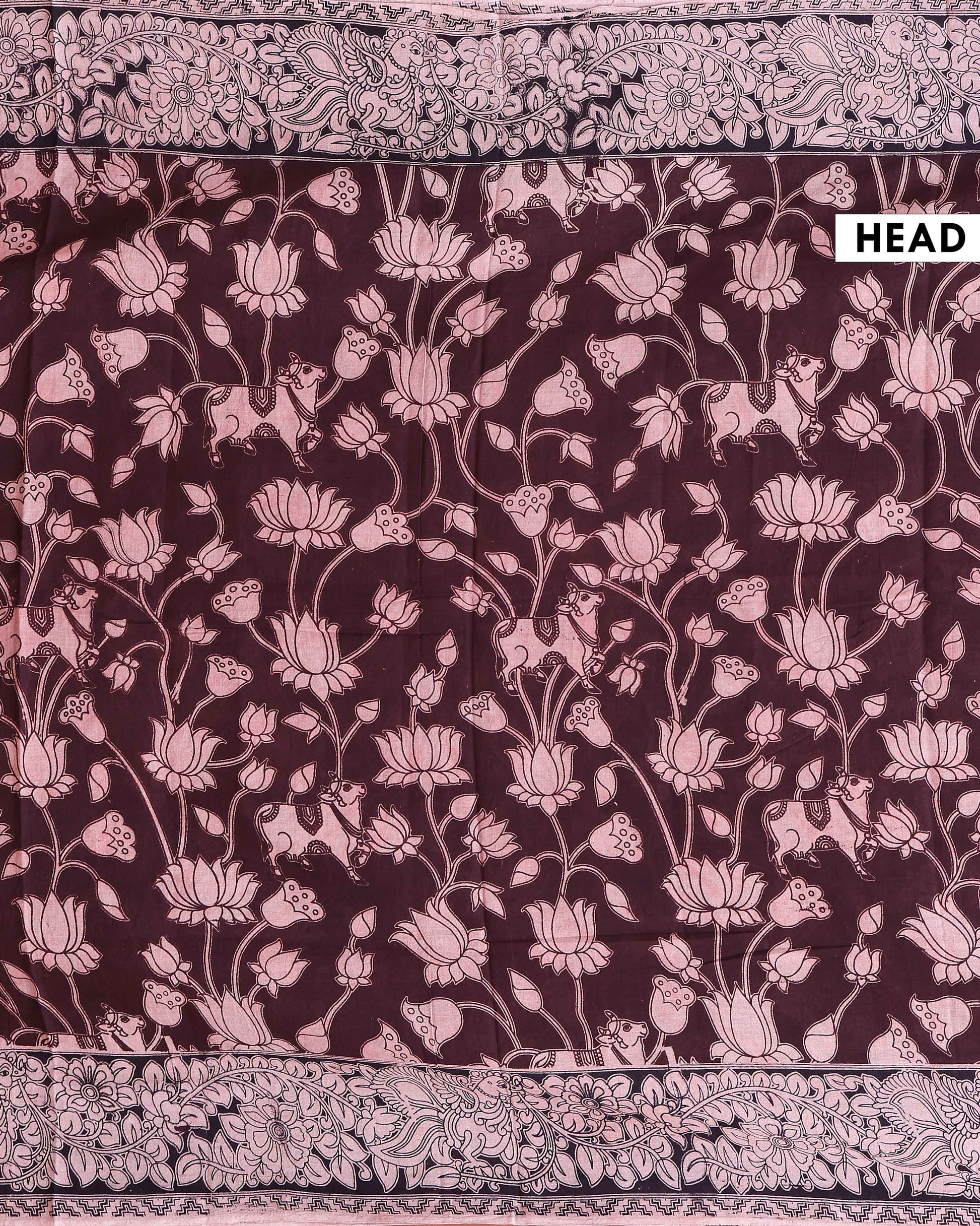 Traditional Kalamkari Cotton Saree with Timeless Lotus Artwork and Border Detailing - Dark Brown