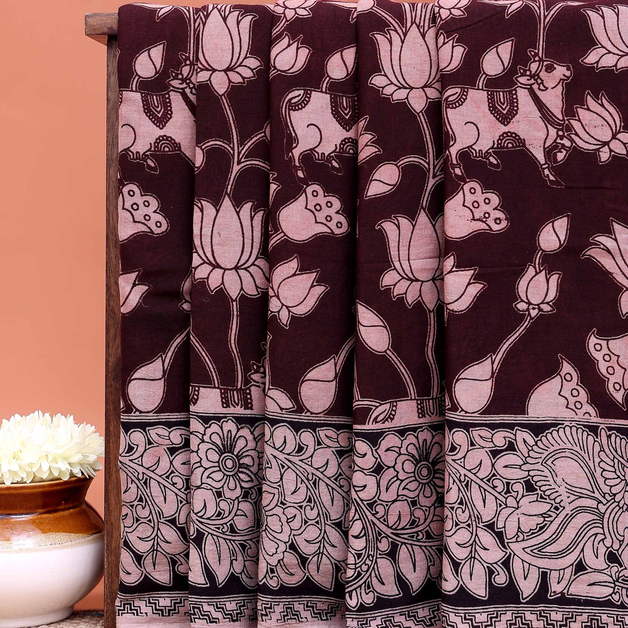 Traditional Kalamkari Cotton Saree with Timeless Lotus Artwork and Border Detailing - Dark Brown