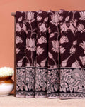 Traditional Kalamkari Cotton Saree with Timeless Lotus Artwork and Border Detailing - Dark Brown