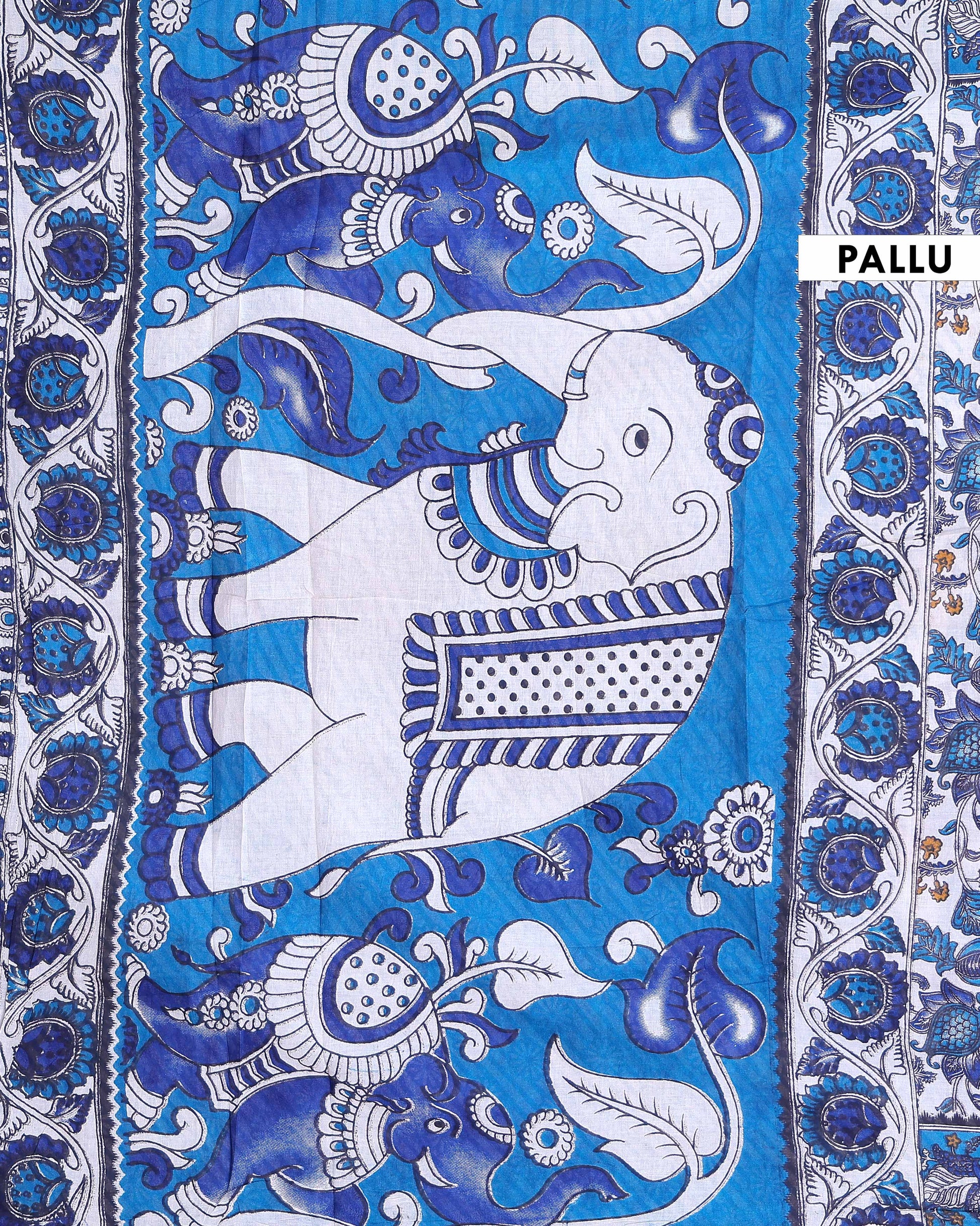 Traditional Kalamkari Cotton Saree with Traditional Botanical Motifs and Border Detail - Off White