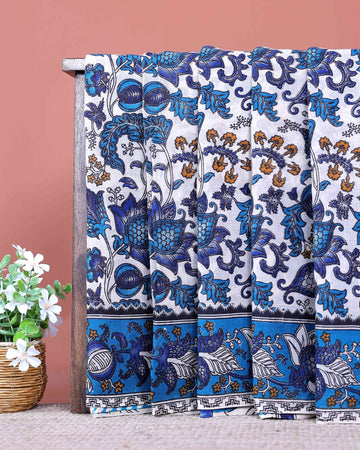 Traditional Kalamkari Cotton Saree with Traditional Botanical Motifs and Border Detail - Off White