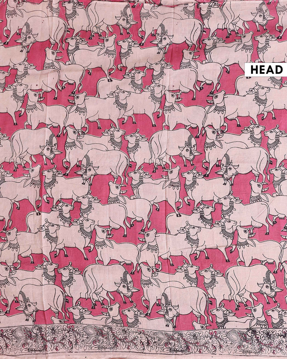 Traditional Kalamkari Cotton Saree with Traditional Cow Motif Artwork - Pink