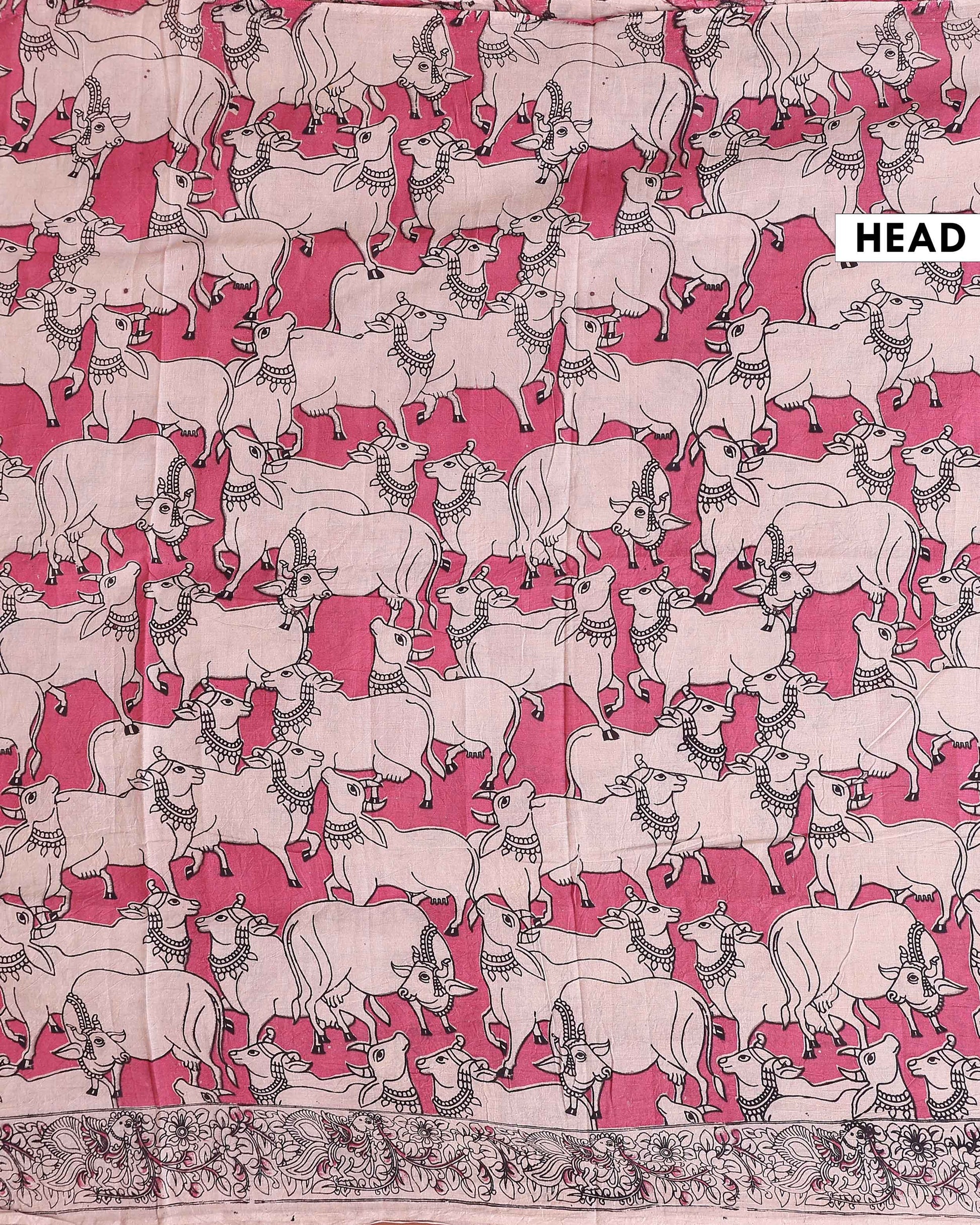 Traditional Kalamkari Cotton Saree with Traditional Cow Motif Artwork - Pink