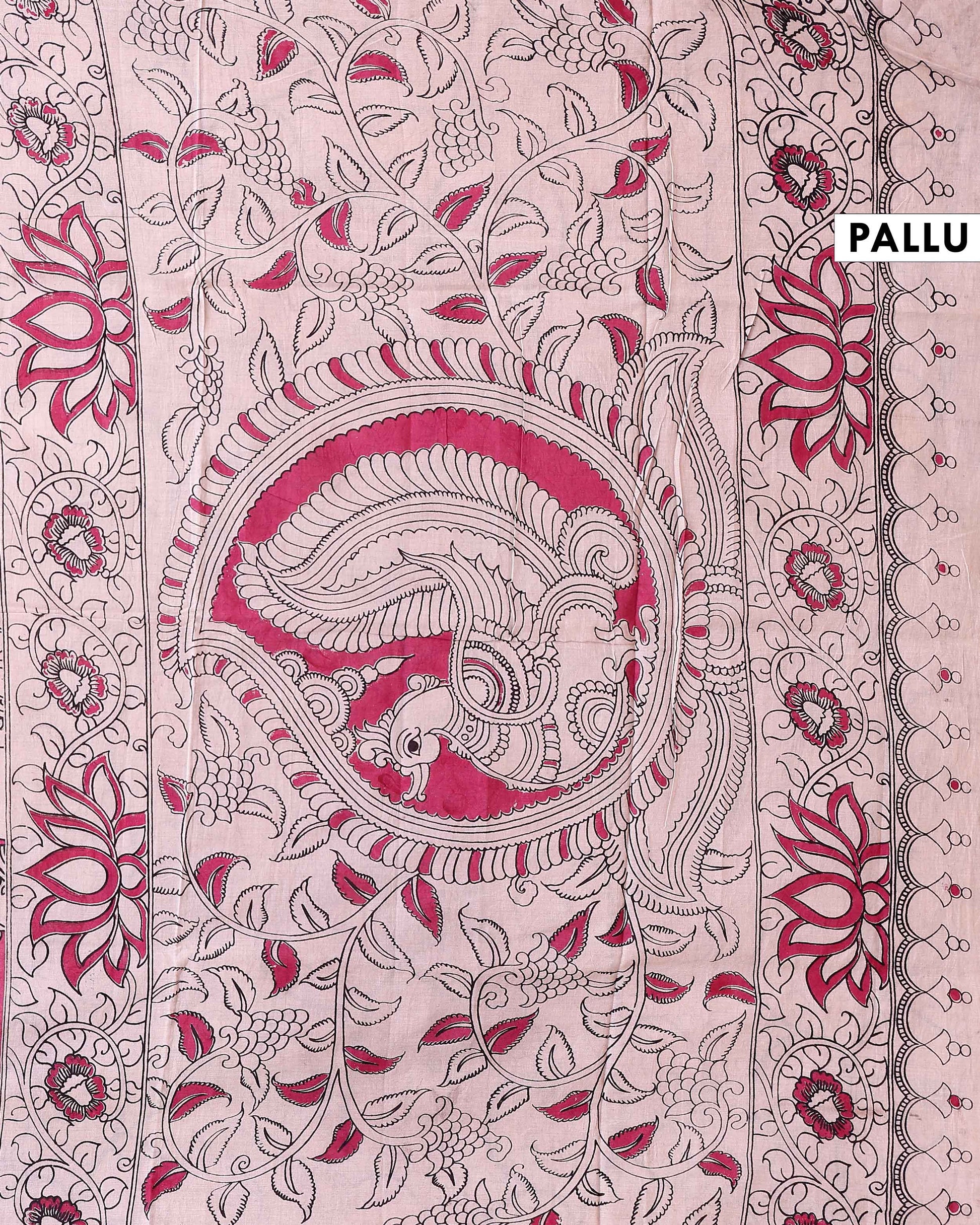 Traditional Kalamkari Cotton Saree with Traditional Cow Motif Artwork - Pink