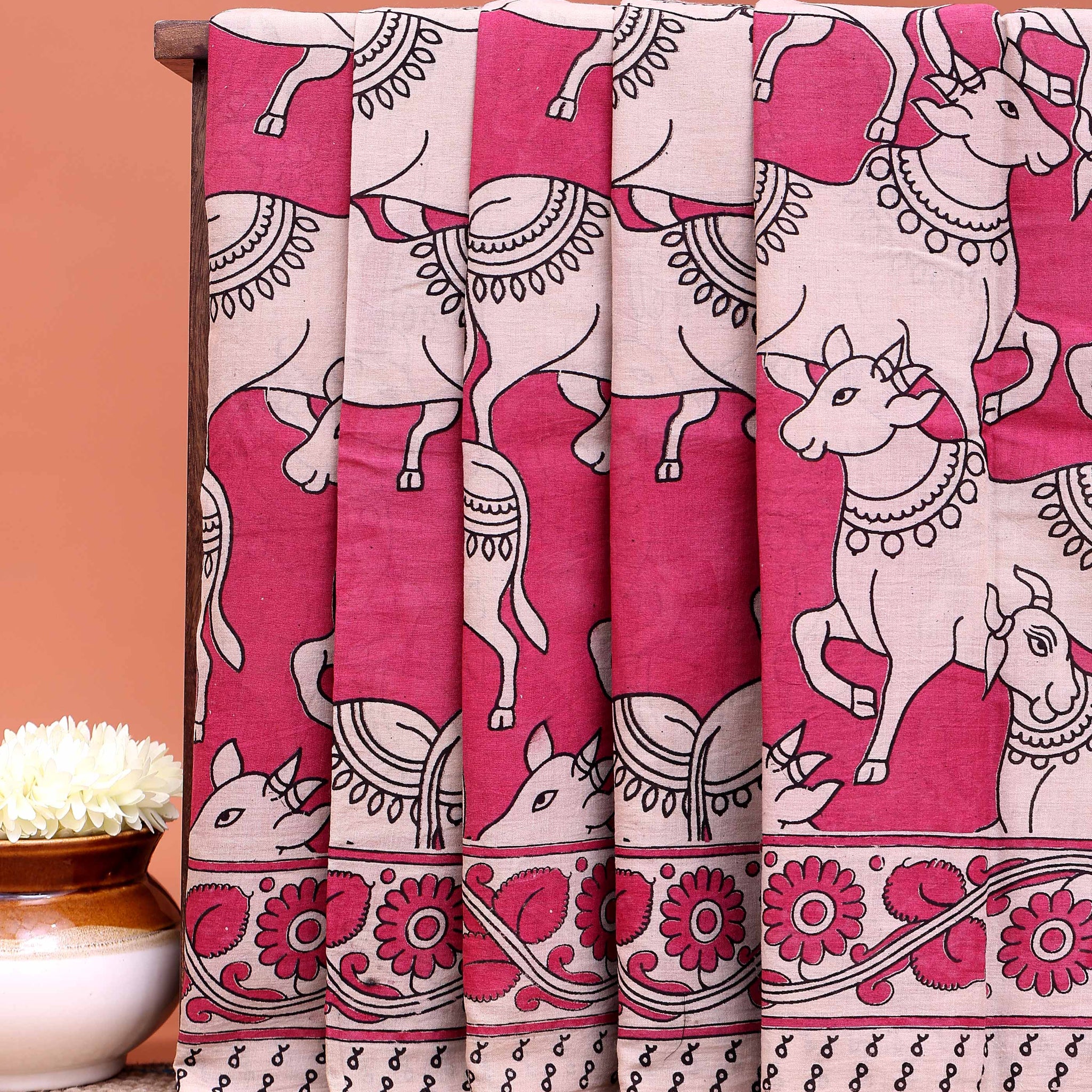 Traditional Kalamkari Cotton Saree with Traditional Cow Motif Artwork - Pink