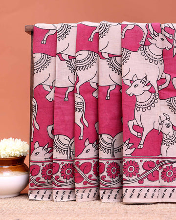 Traditional Kalamkari Cotton Saree with Traditional Cow Motif Artwork - Pink