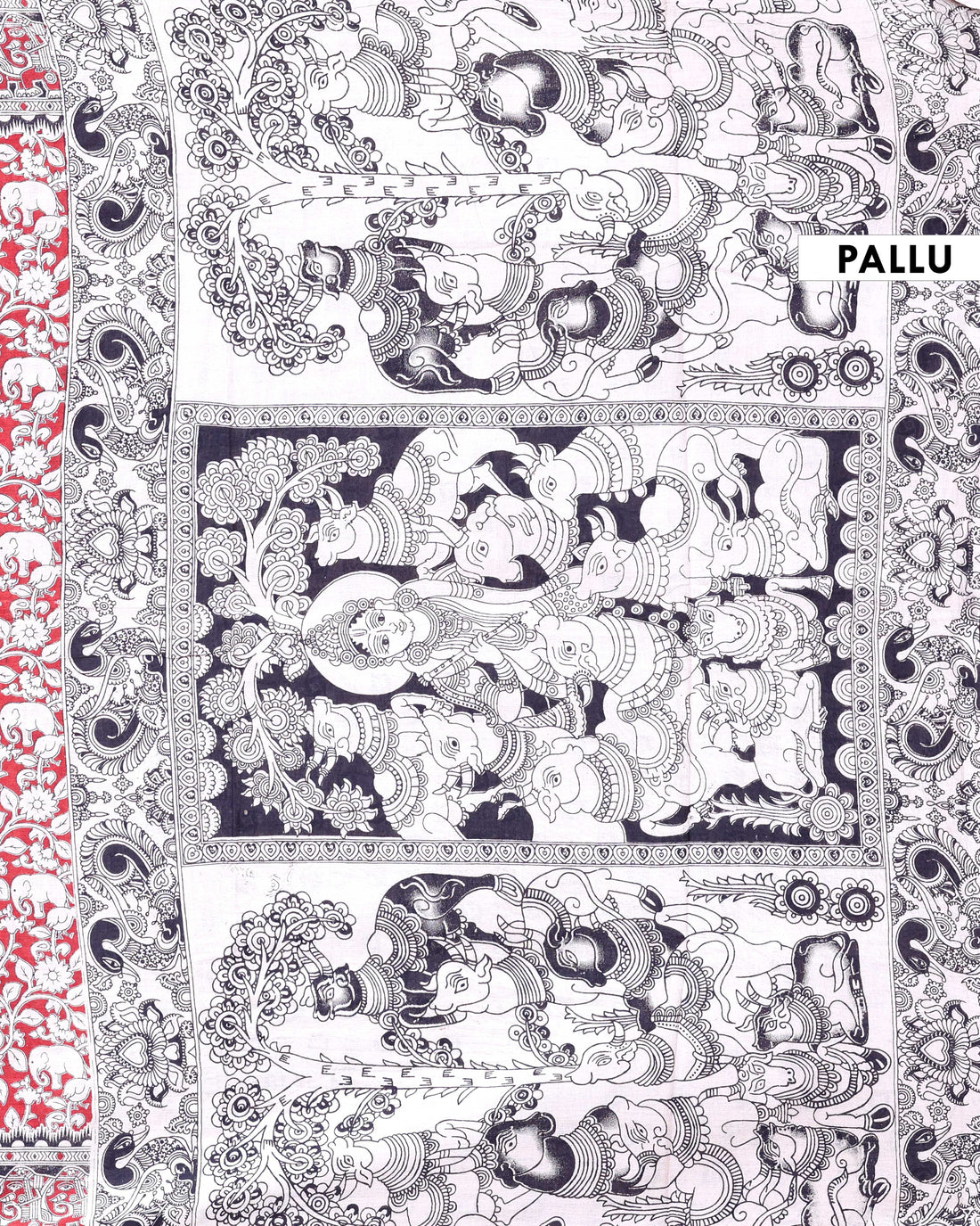 Traditional Kalamkari Cotton Saree with Traditional Elephant & Floral Motifs - Red
