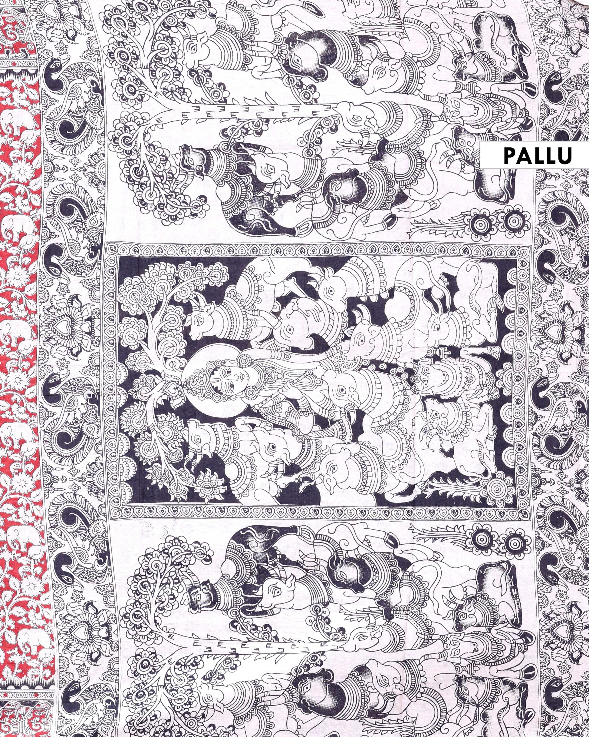 Traditional Kalamkari Cotton Saree with Traditional Elephant & Floral Motifs - Pallu