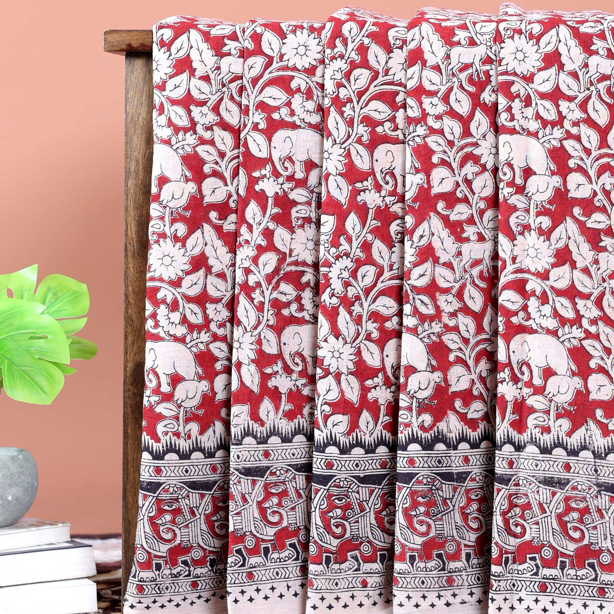 Traditional Kalamkari Cotton Saree with Traditional Elephant & Floral Motifs - Red