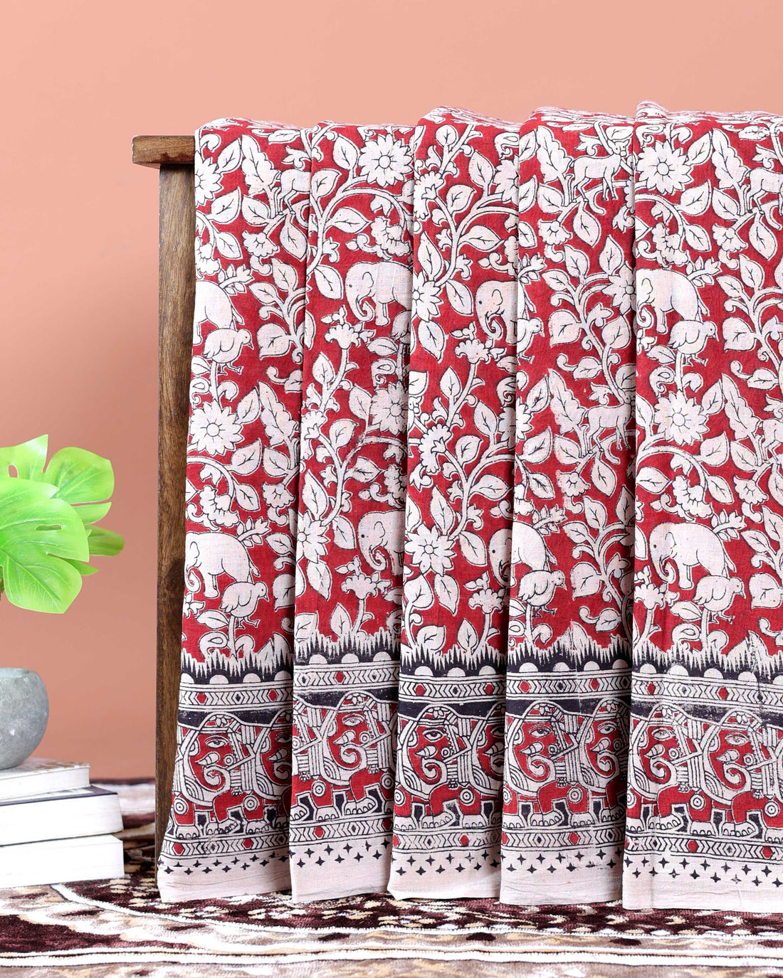 Traditional Kalamkari Cotton Saree with Traditional Elephant & Floral Motifs - Red