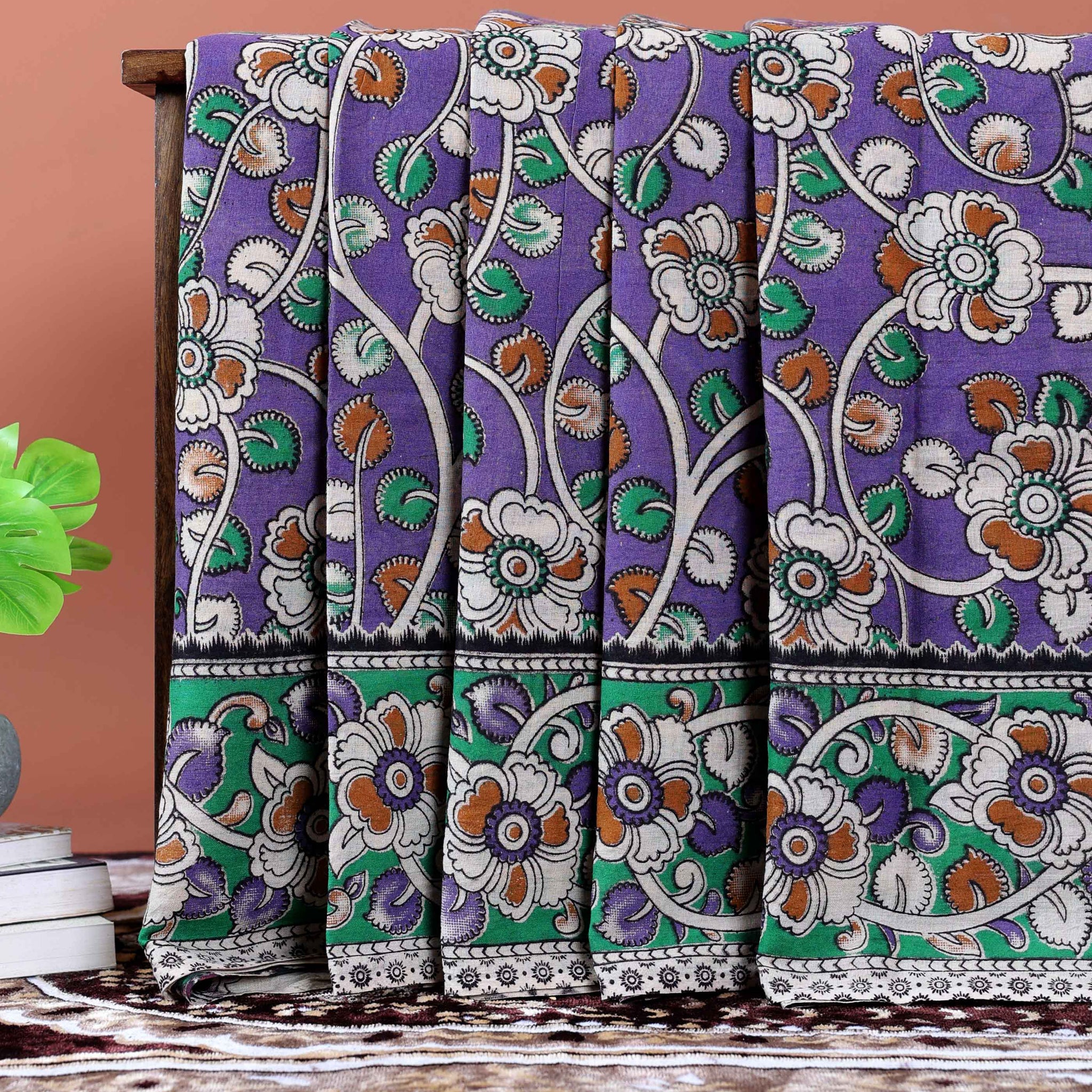 Traditional Kalamkari Cotton Saree with Traditional Floral Motifs - Purple
