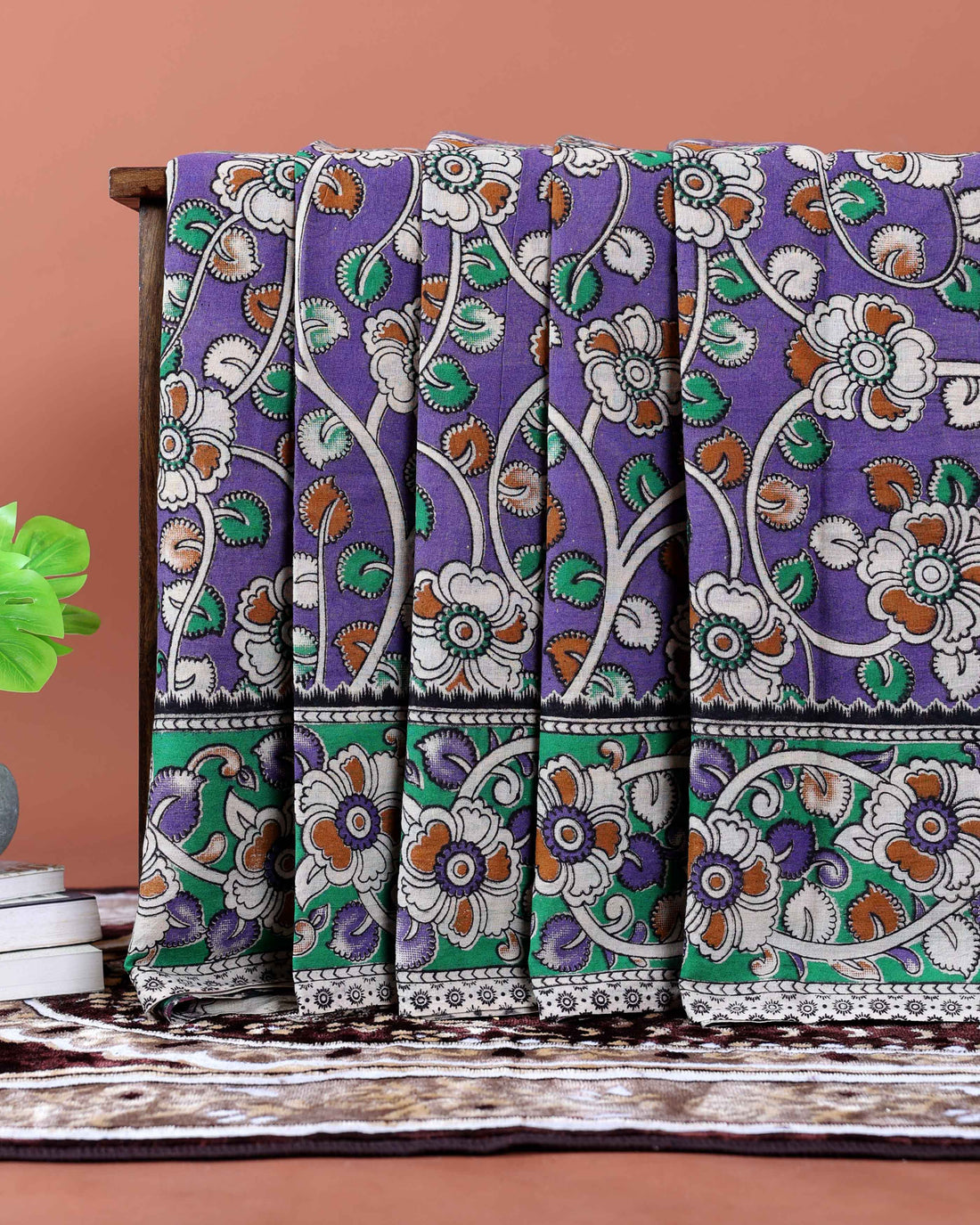 Traditional Kalamkari Cotton Saree with Traditional Floral Motifs - Purple