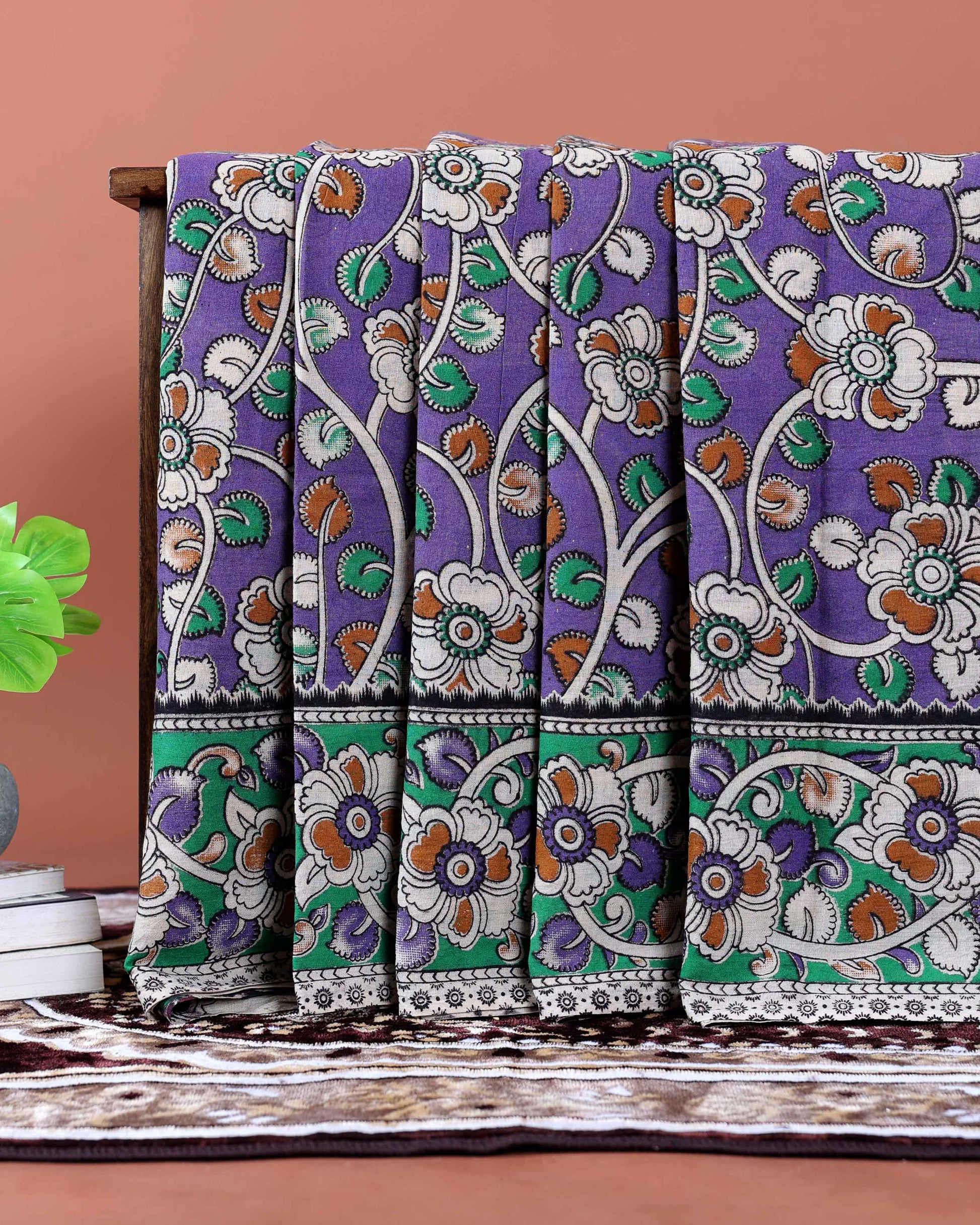 Traditional Kalamkari Cotton Saree with Traditional Floral Motifs - Purple