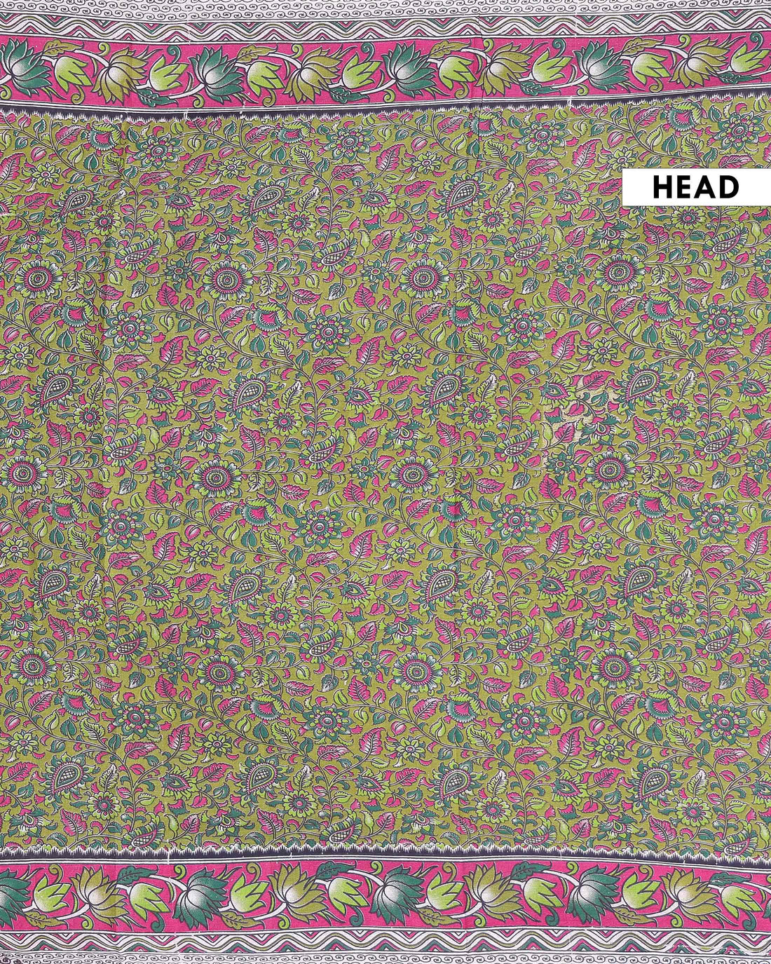 Traditional Kalamkari Cotton Saree with Traditional Floral & Paisley Motifs and Contrast Lotus Border - Green