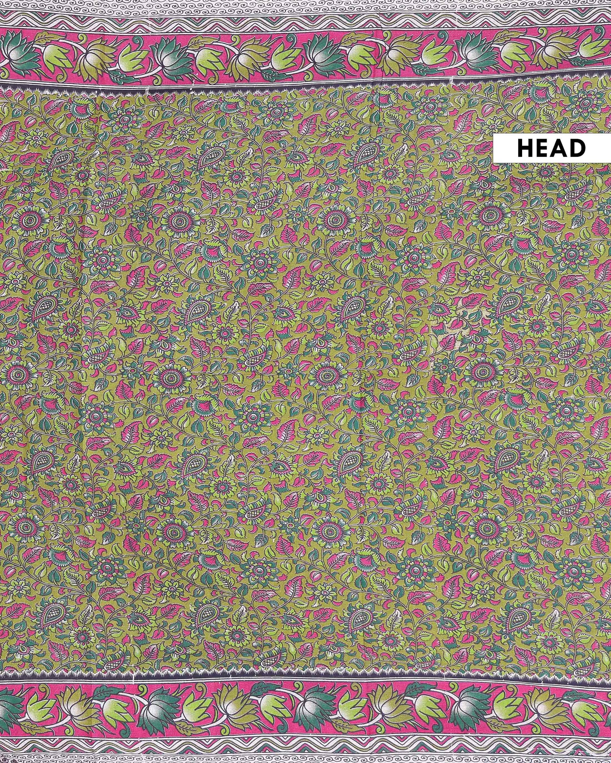 Traditional Kalamkari Cotton Saree with Traditional Floral & Paisley Motifs and Contrast Lotus Border - Green