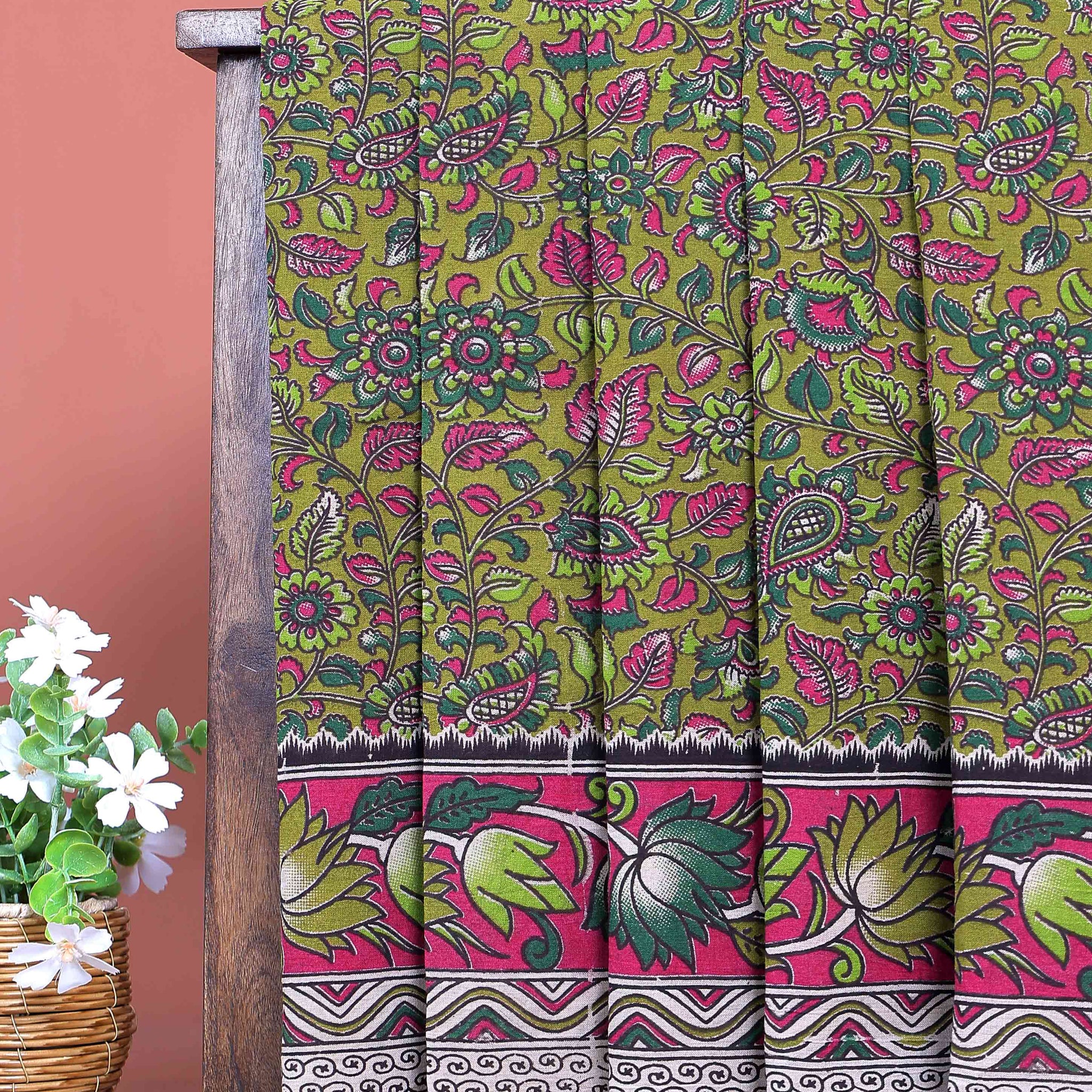 Traditional Kalamkari Cotton Saree with Traditional Floral & Paisley Motifs and Contrast Lotus Border - Green