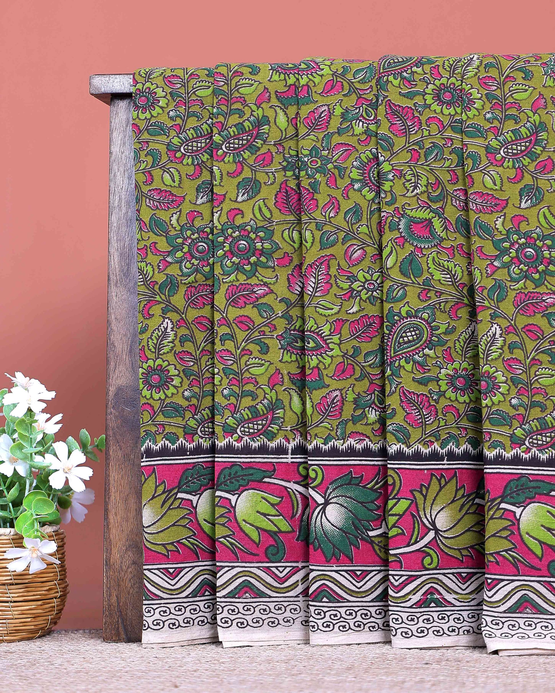 Traditional Kalamkari Cotton Saree with Traditional Floral & Paisley Motifs and Contrast Lotus Border - Green