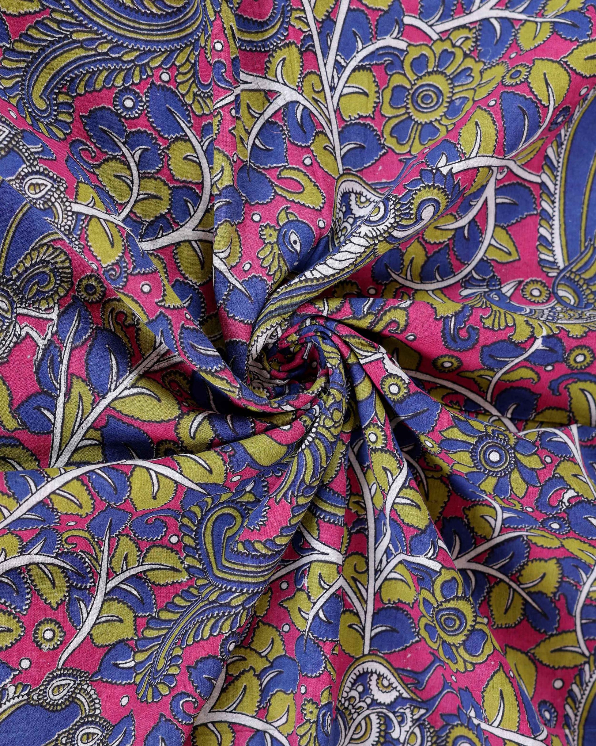 Traditional Kalamkari Cotton Saree with Traditional Floral and Leafy Motifs - Blue-Close
