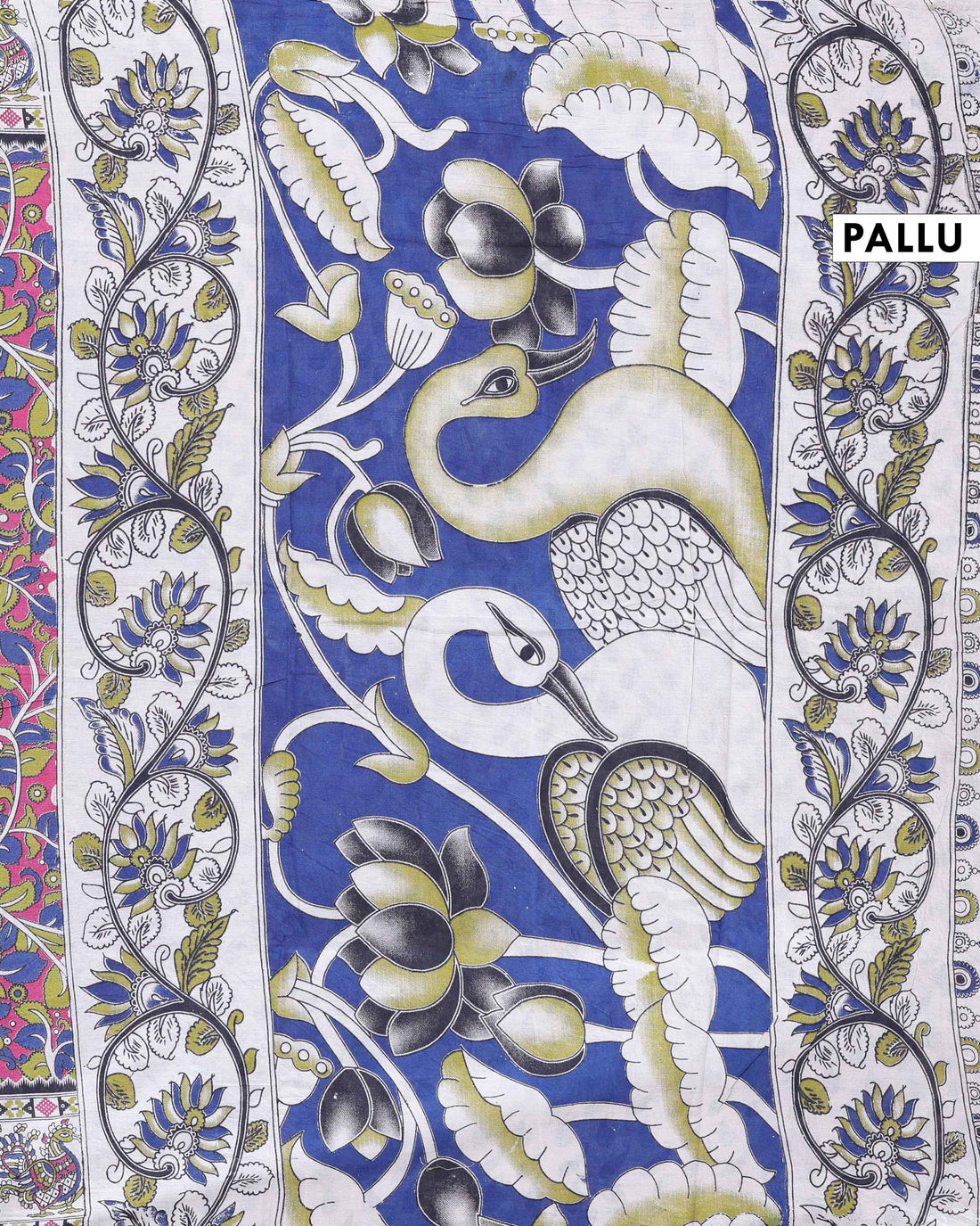 Traditional Kalamkari Cotton Saree with Traditional Floral and Leafy Motifs - Blue