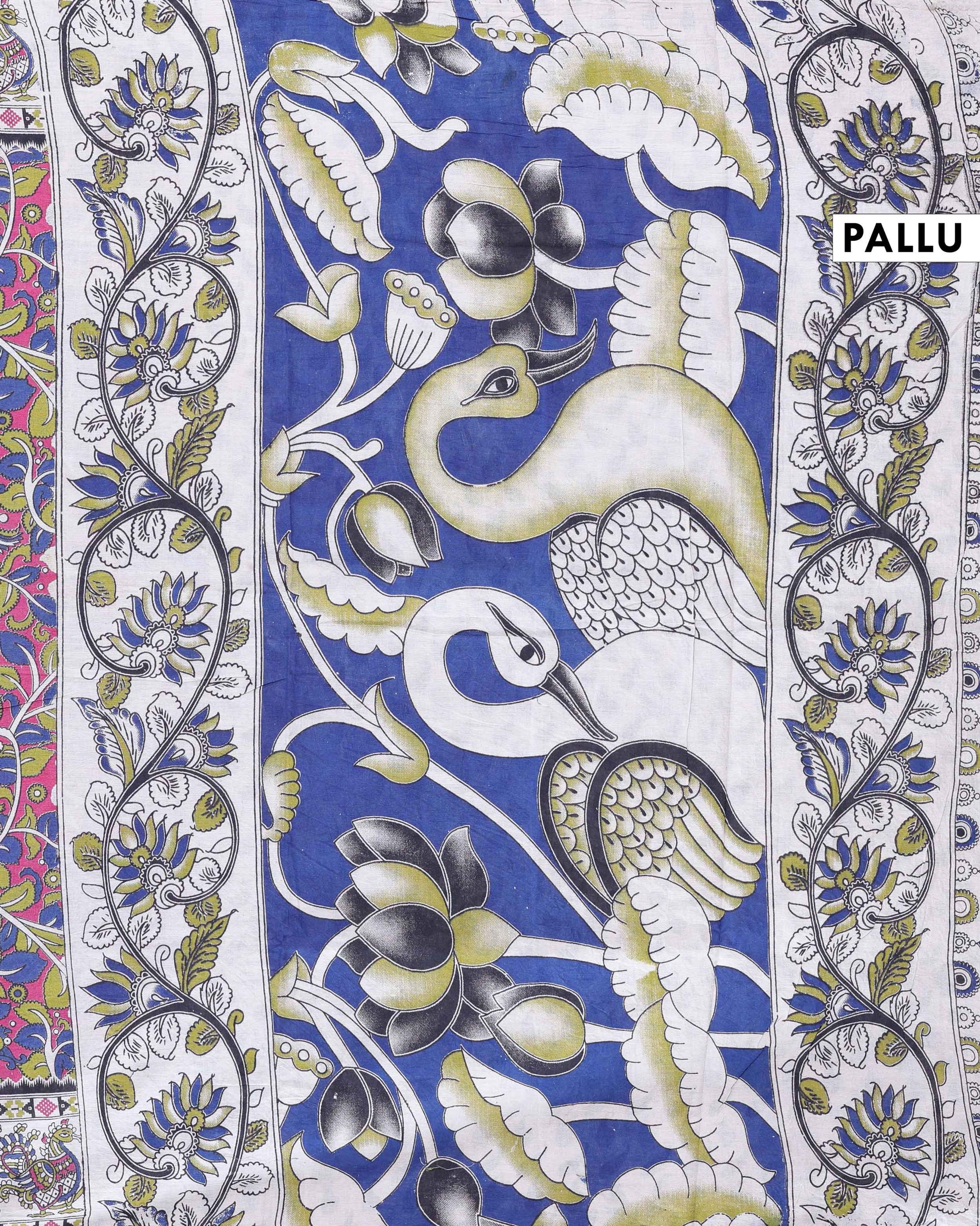 Traditional Kalamkari Cotton Saree with Traditional Floral and Leafy Motifs - Blue-Pallu