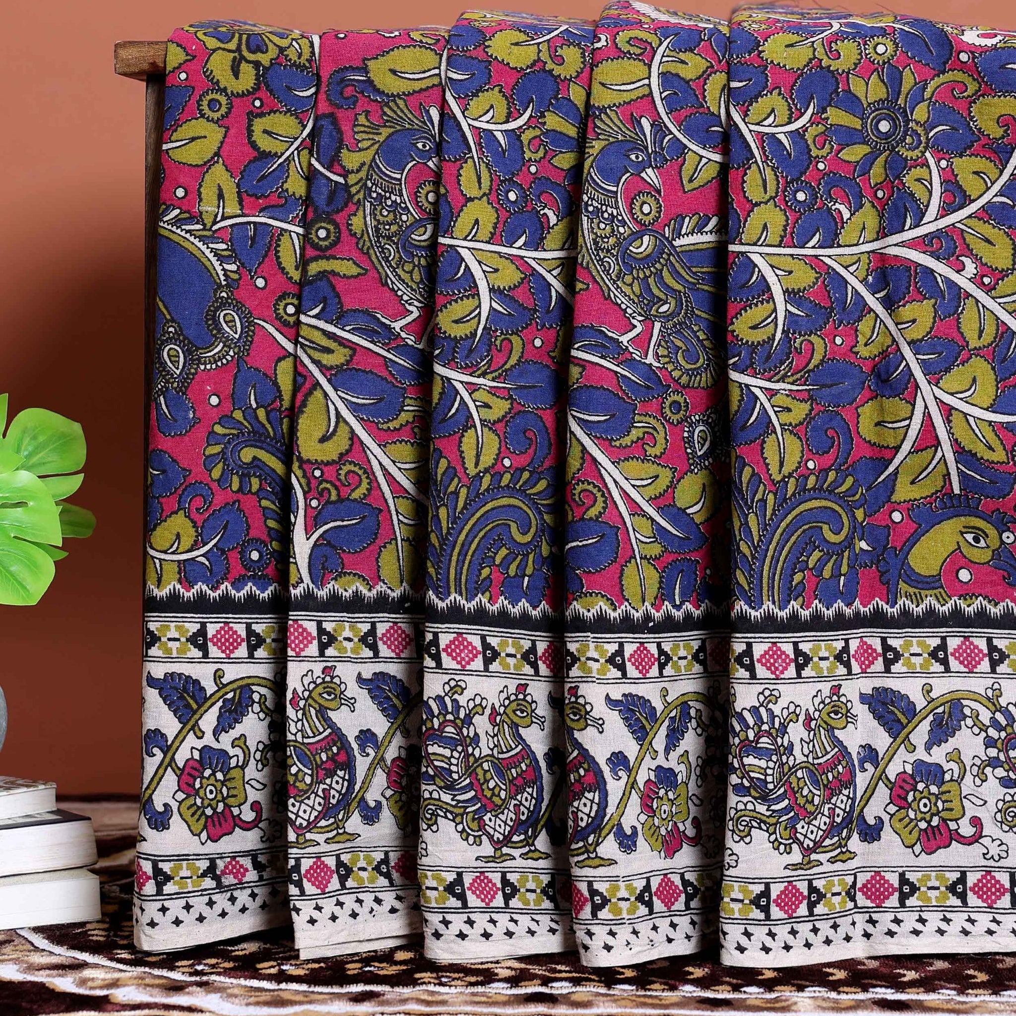 Traditional Kalamkari Cotton Saree with Traditional Floral and Leafy Motifs - Blue