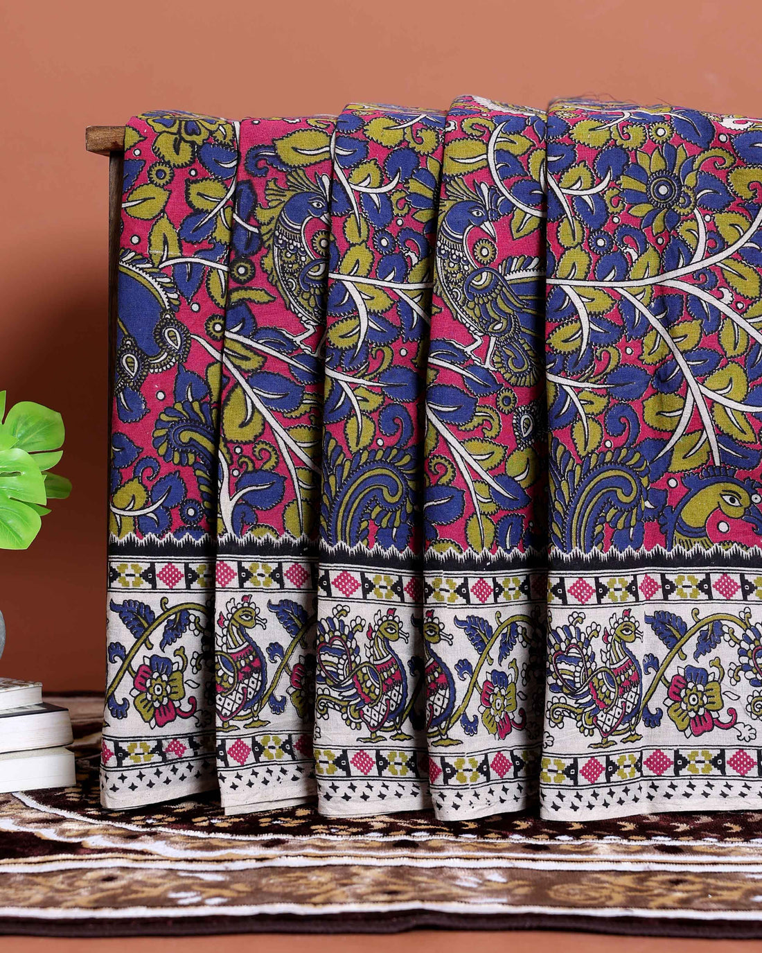 Traditional Kalamkari Cotton Saree with Traditional Floral and Leafy Motifs - Blue