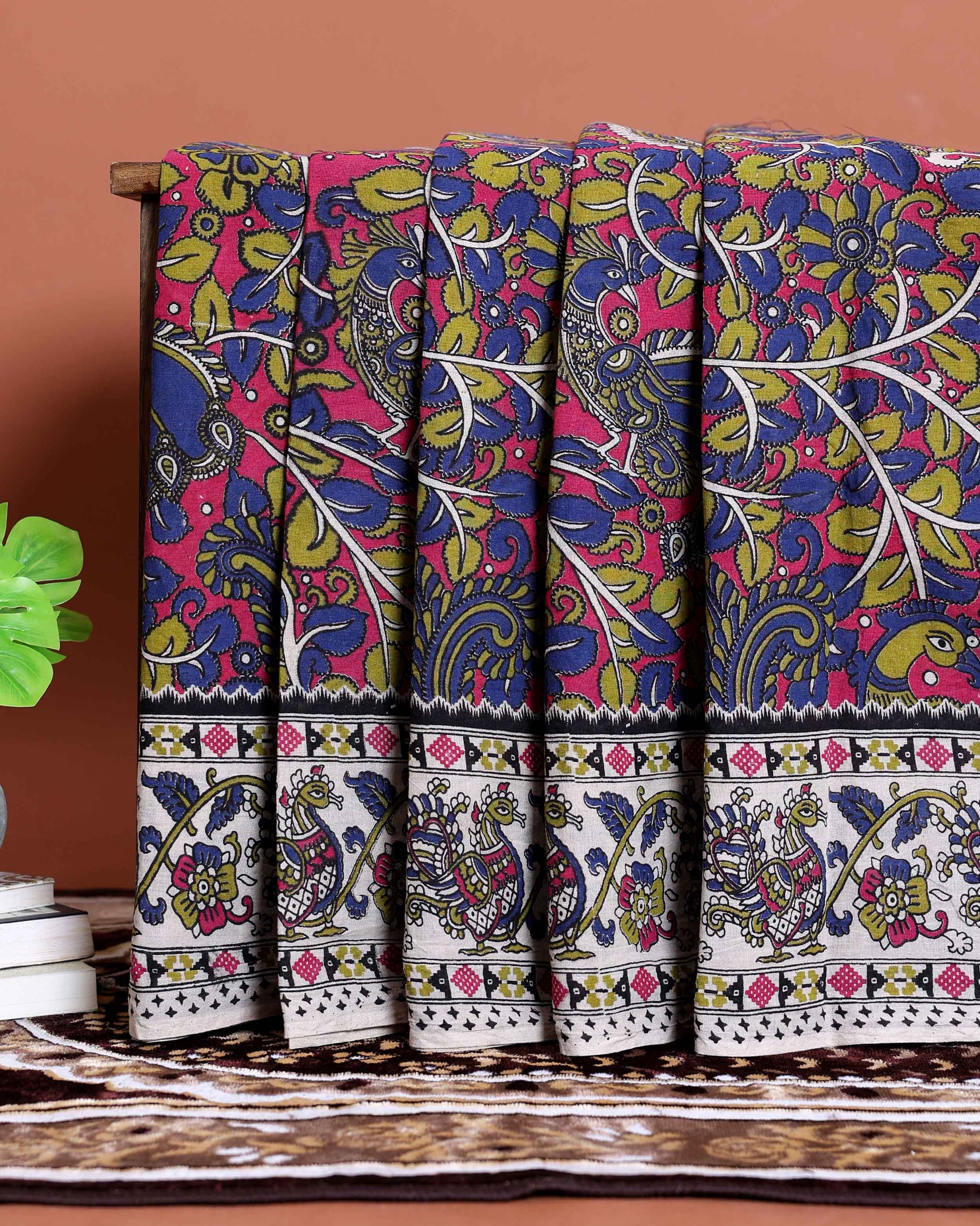 Traditional Kalamkari Cotton Saree with Traditional Floral and Leafy Motifs - Blue