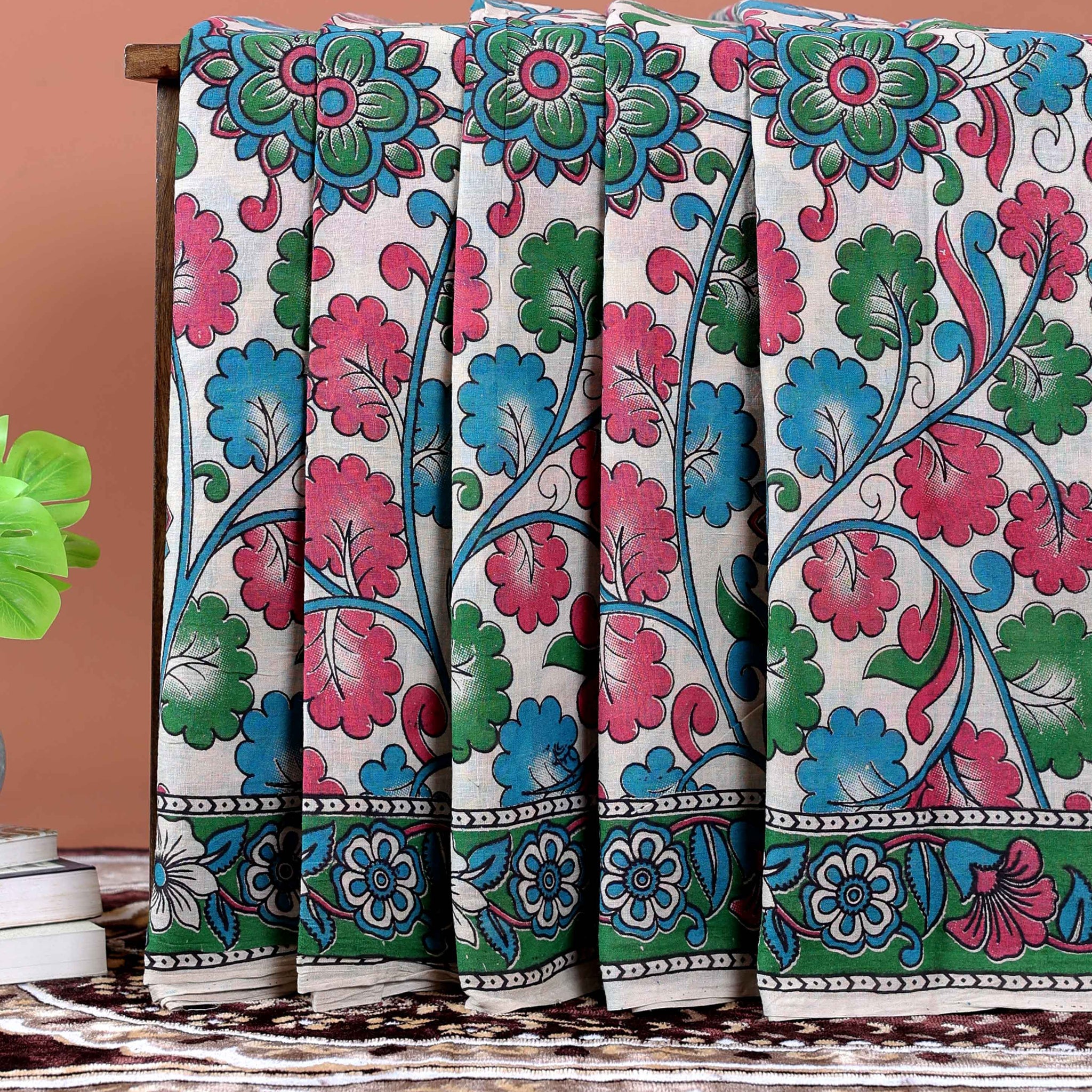 Traditional Kalamkari Cotton Saree with Traditional Floral and Leafy Motifs - Cream