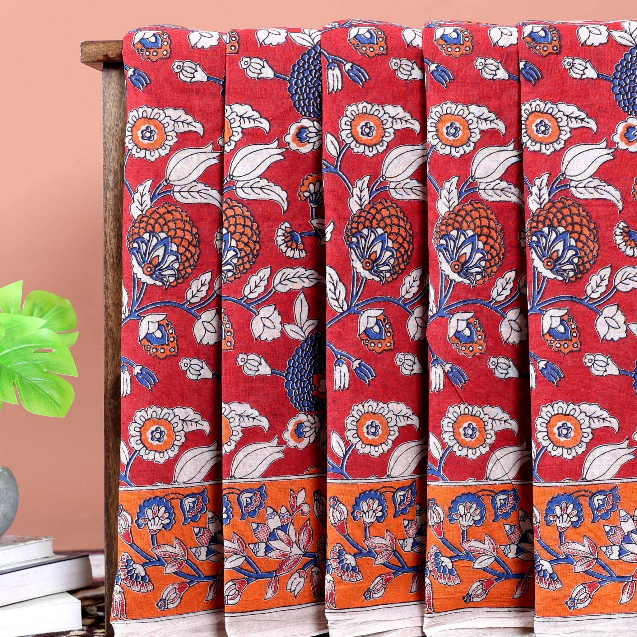 Traditional  Kalamkari Cotton Saree with Traditional Hand-Painted Motifs - Red