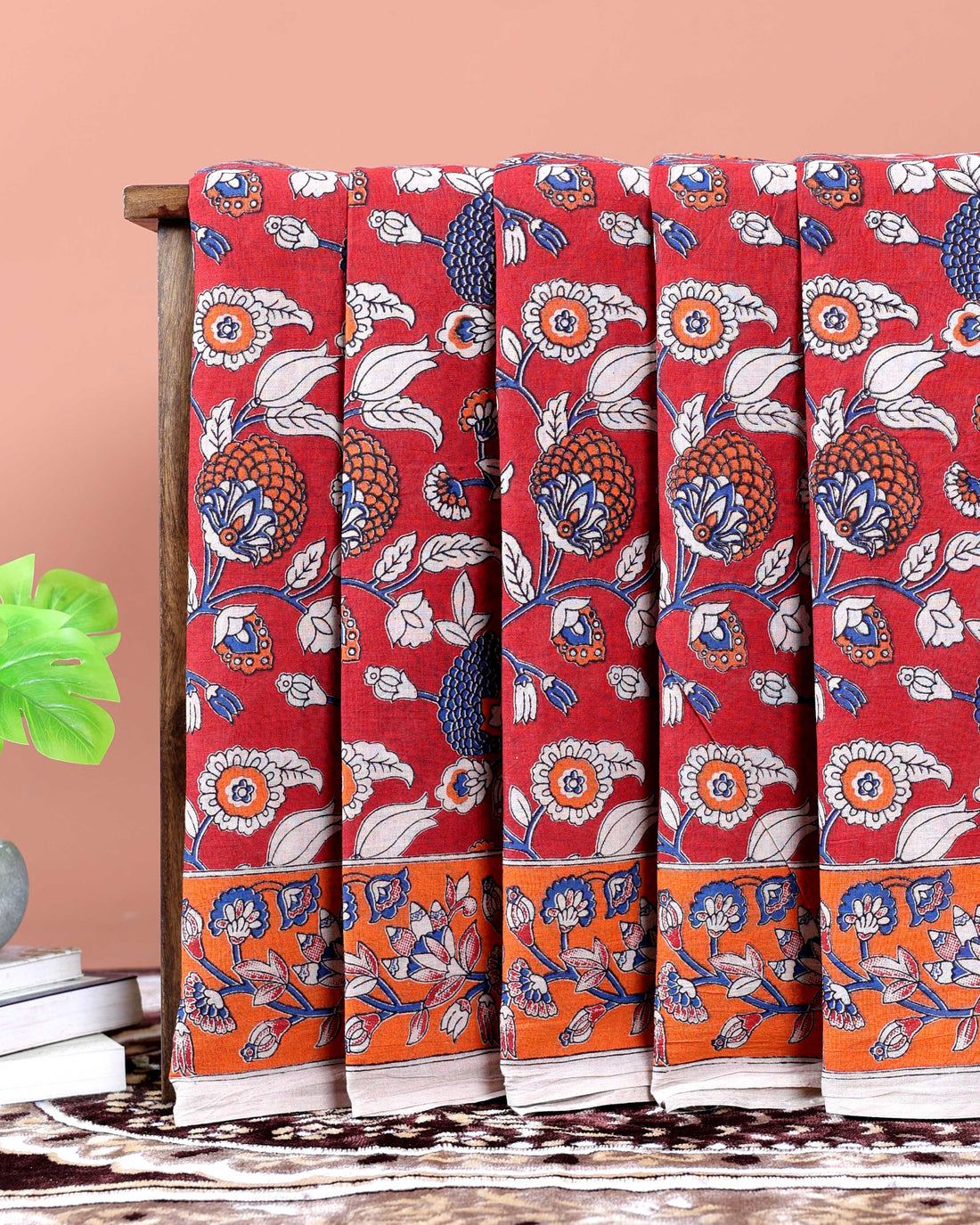 Traditional  Kalamkari Cotton Saree with Traditional Hand-Painted Motifs - Red