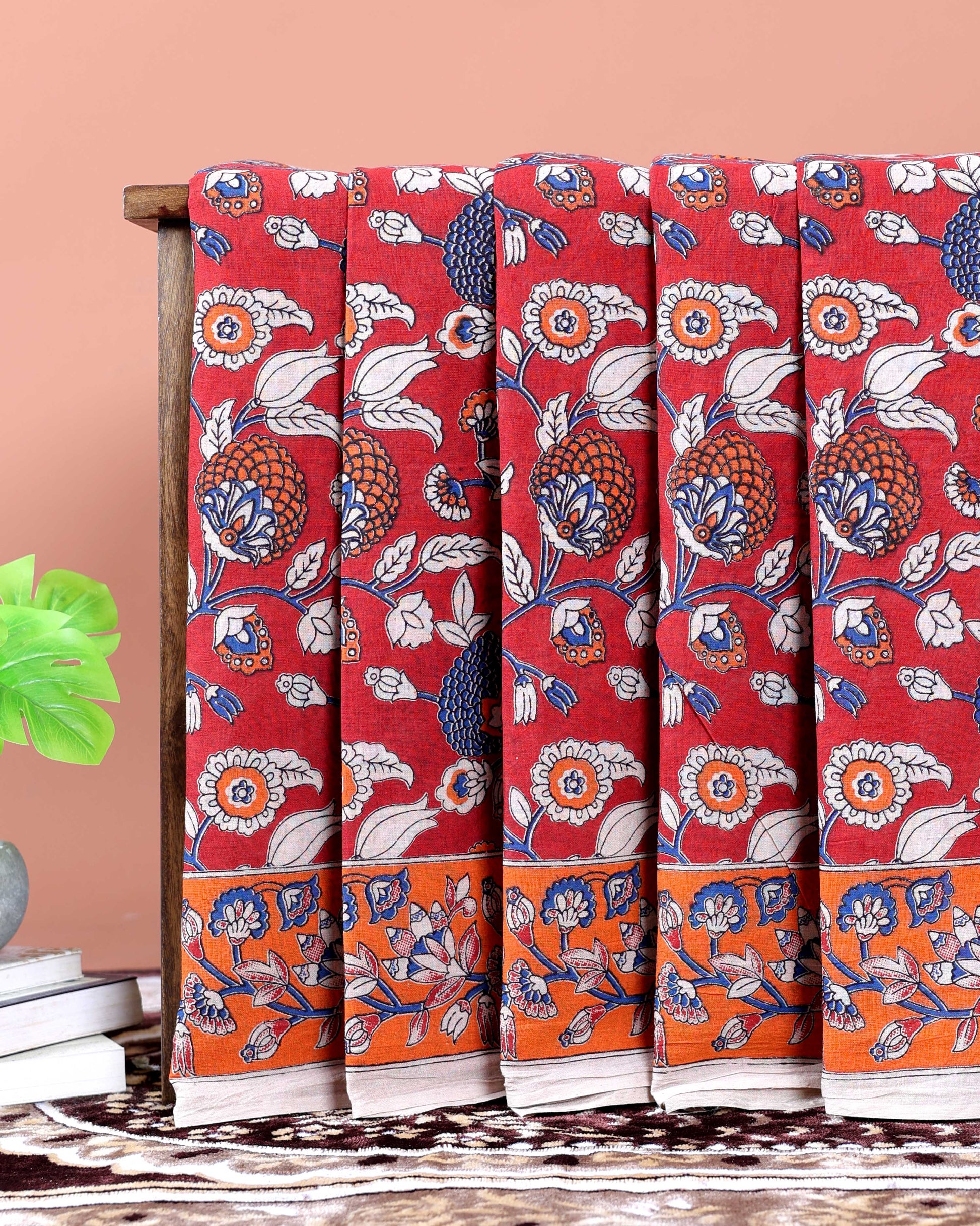 Traditional  Kalamkari Cotton Saree with Traditional Hand-Painted Motifs - Red