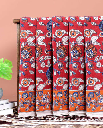 Traditional  Kalamkari Cotton Saree with Traditional Hand-Painted Motifs - Red