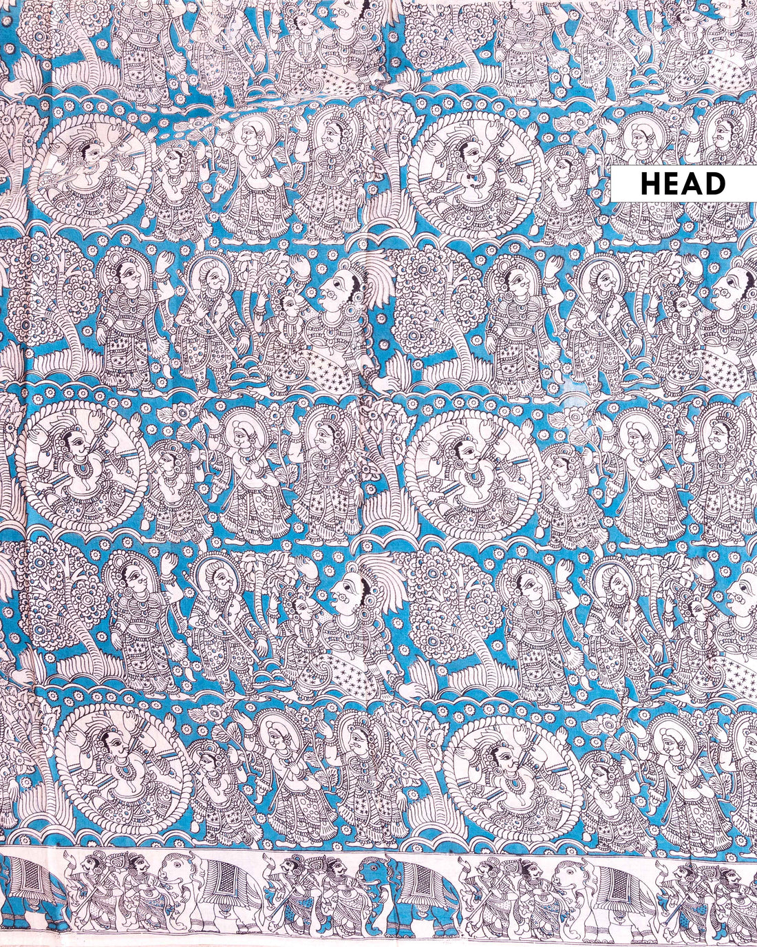 Traditional Kalamkari Cotton Saree with Traditional Mythological Narrative Artwork - Blue