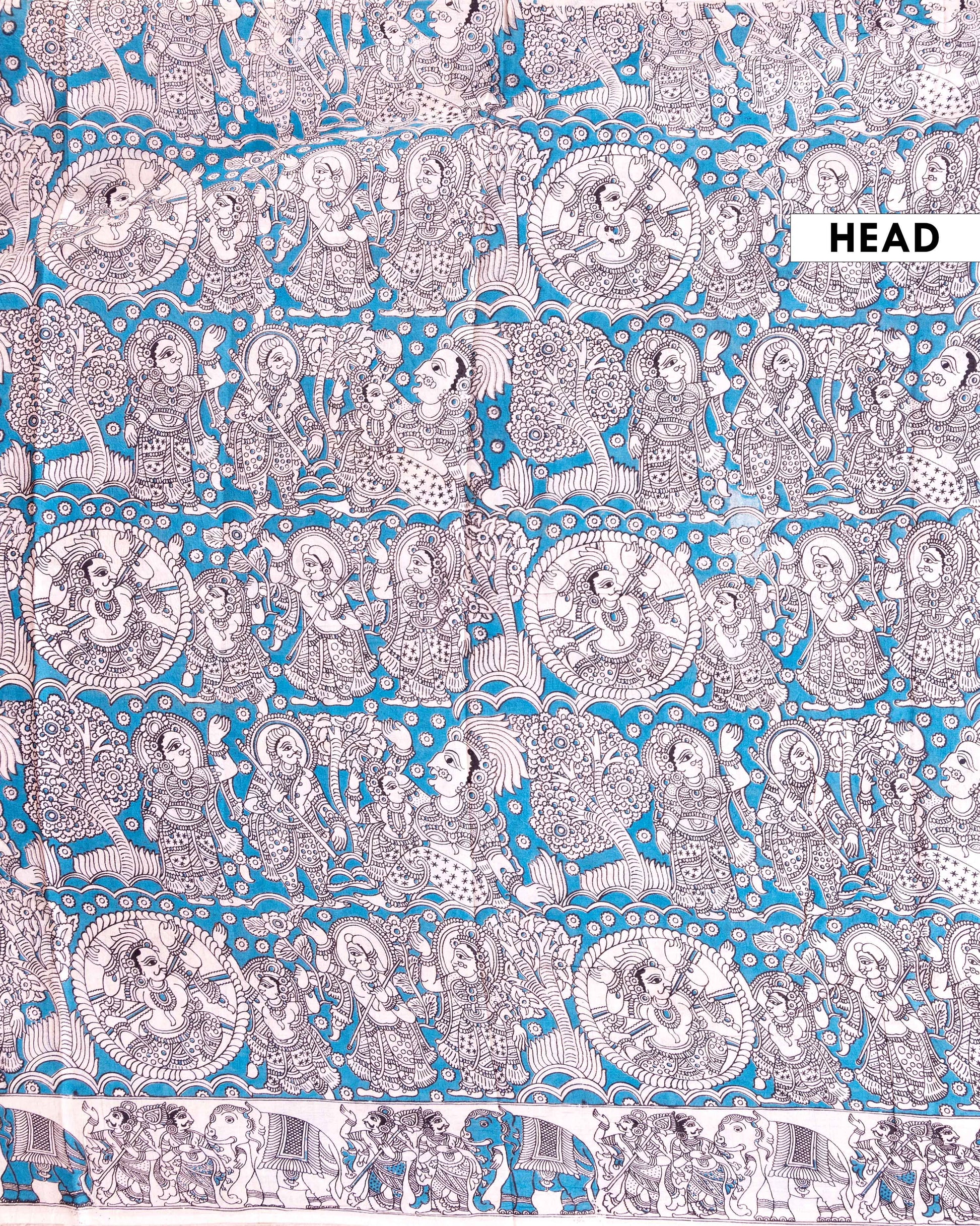 Traditional Kalamkari Cotton Saree with Traditional Mythological Narrative Artwork - Blue