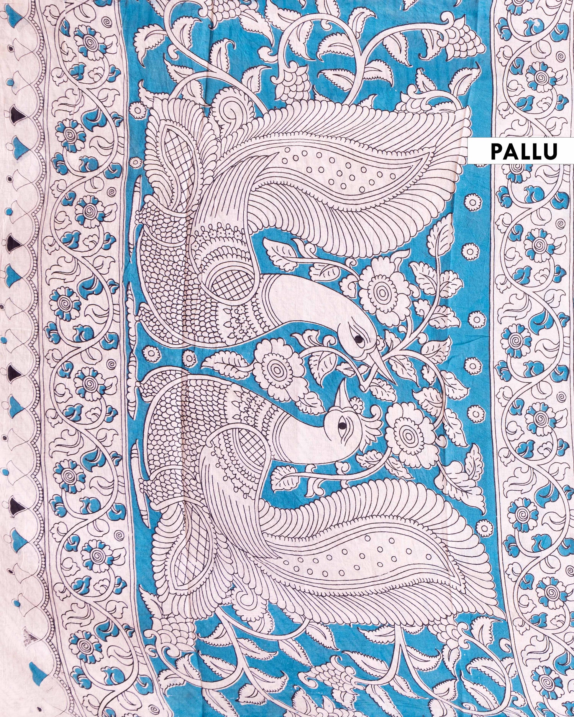 Traditional Kalamkari Cotton Saree with Traditional Mythological Narrative Artwork - Blue