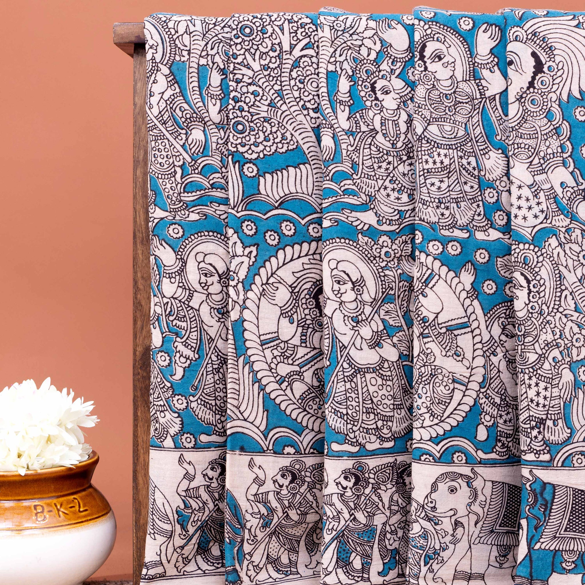 Traditional Kalamkari Cotton Saree with Traditional Mythological Narrative Artwork - Blue