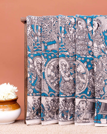 Traditional Kalamkari Cotton Saree with Traditional Mythological Narrative Artwork - Blue