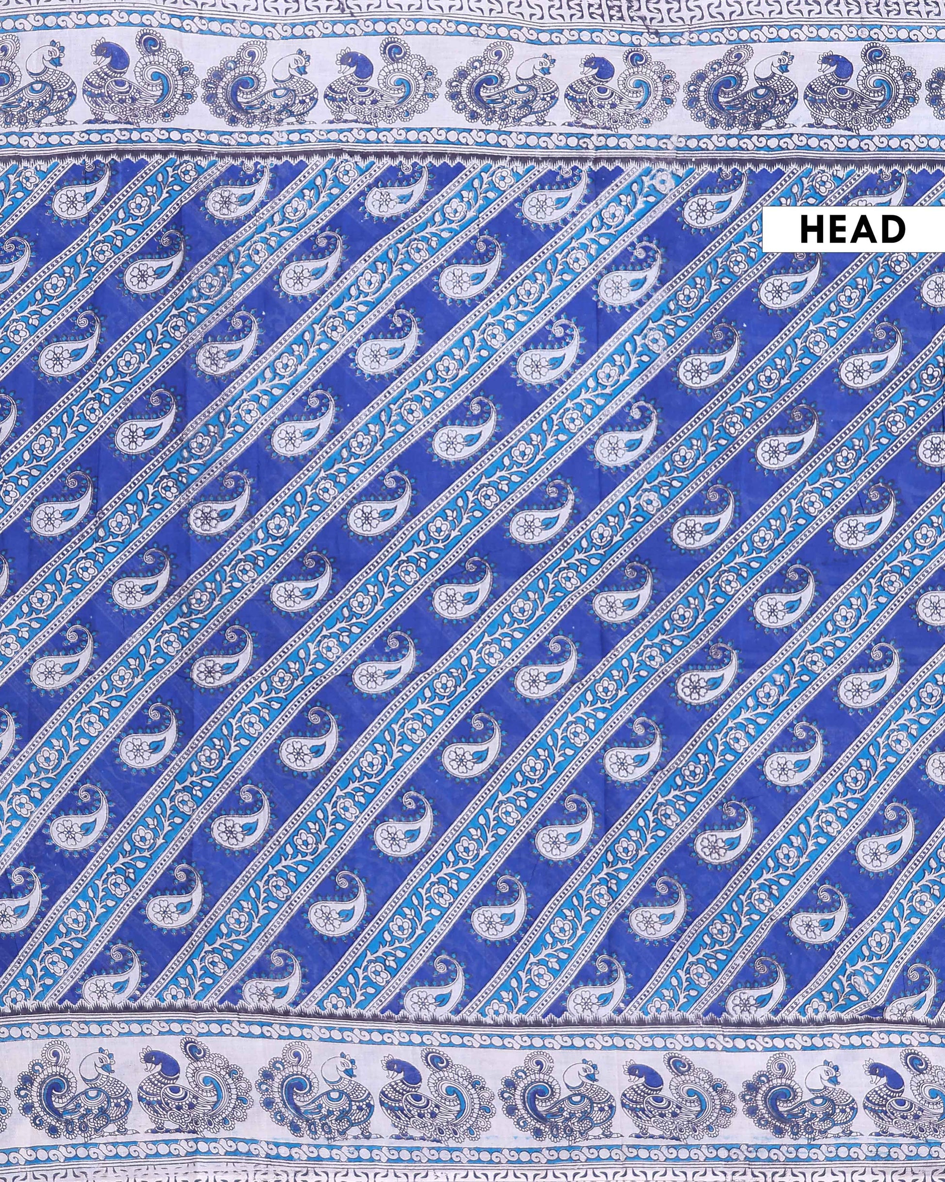 Traditional Kalamkari Cotton Saree with Traditional Paisley and Peacock Motifs - Blue