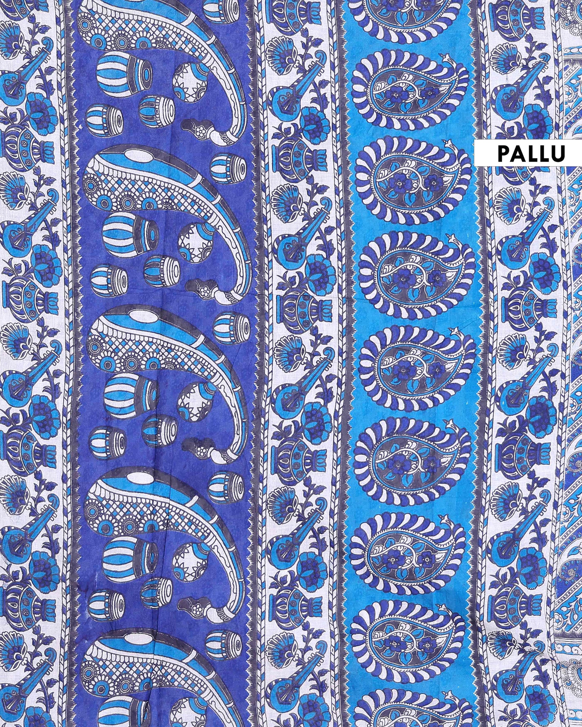 Traditional Kalamkari Cotton Saree with Traditional Paisley and Peacock Motifs - Blue