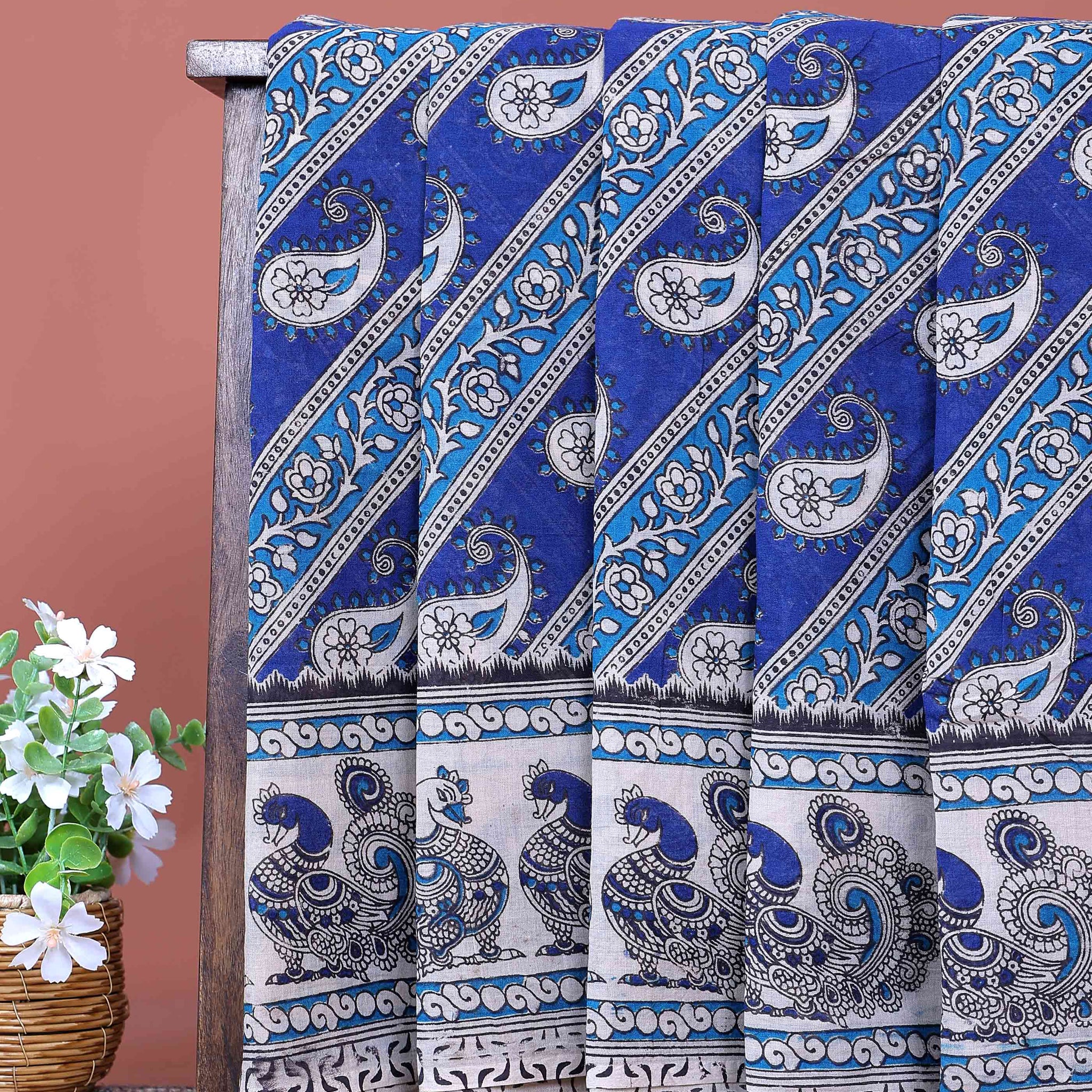 Traditional Kalamkari Cotton Saree with Traditional Paisley and Peacock Motifs - Blue