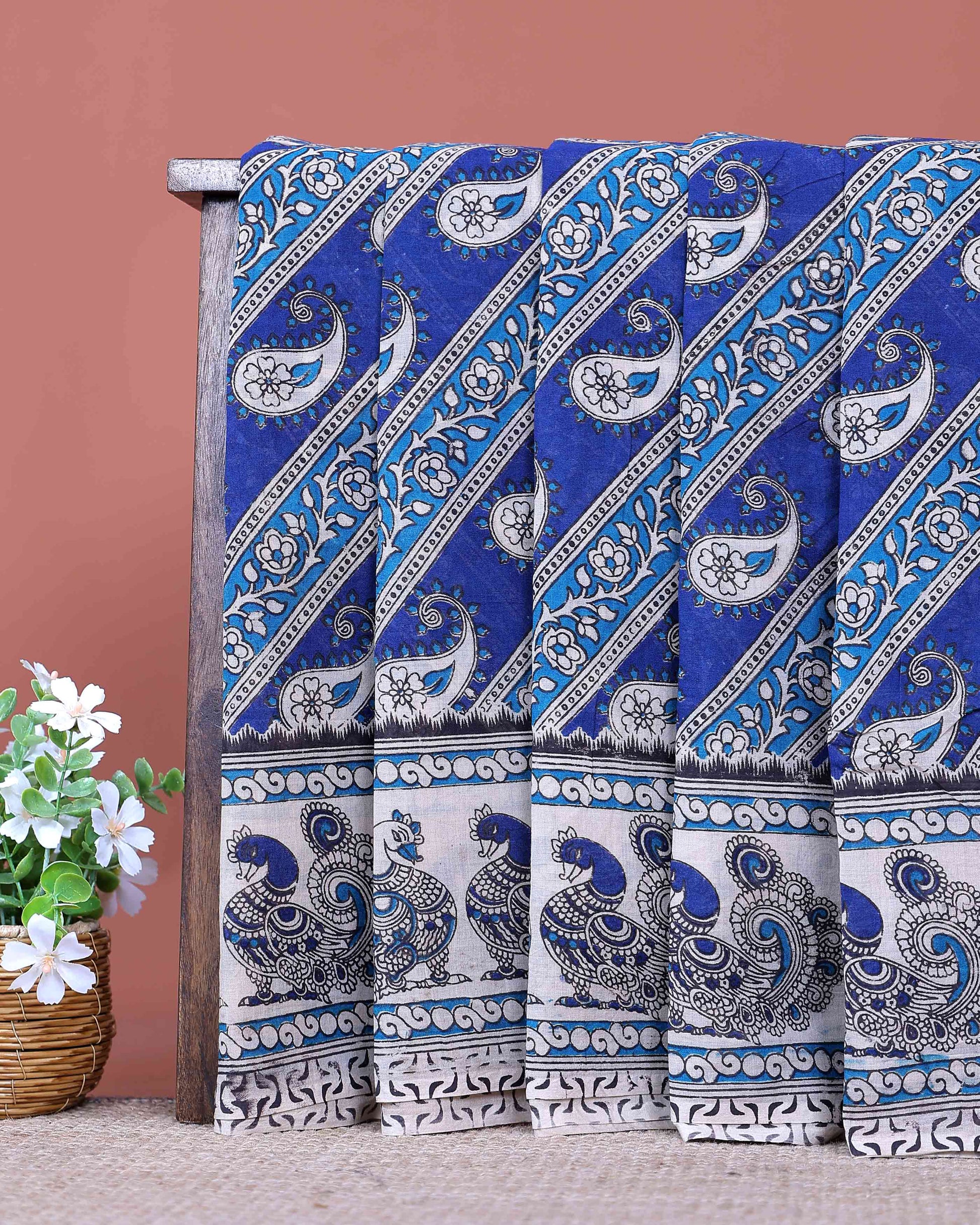 Traditional Kalamkari Cotton Saree with Traditional Paisley and Peacock Motifs - Blue