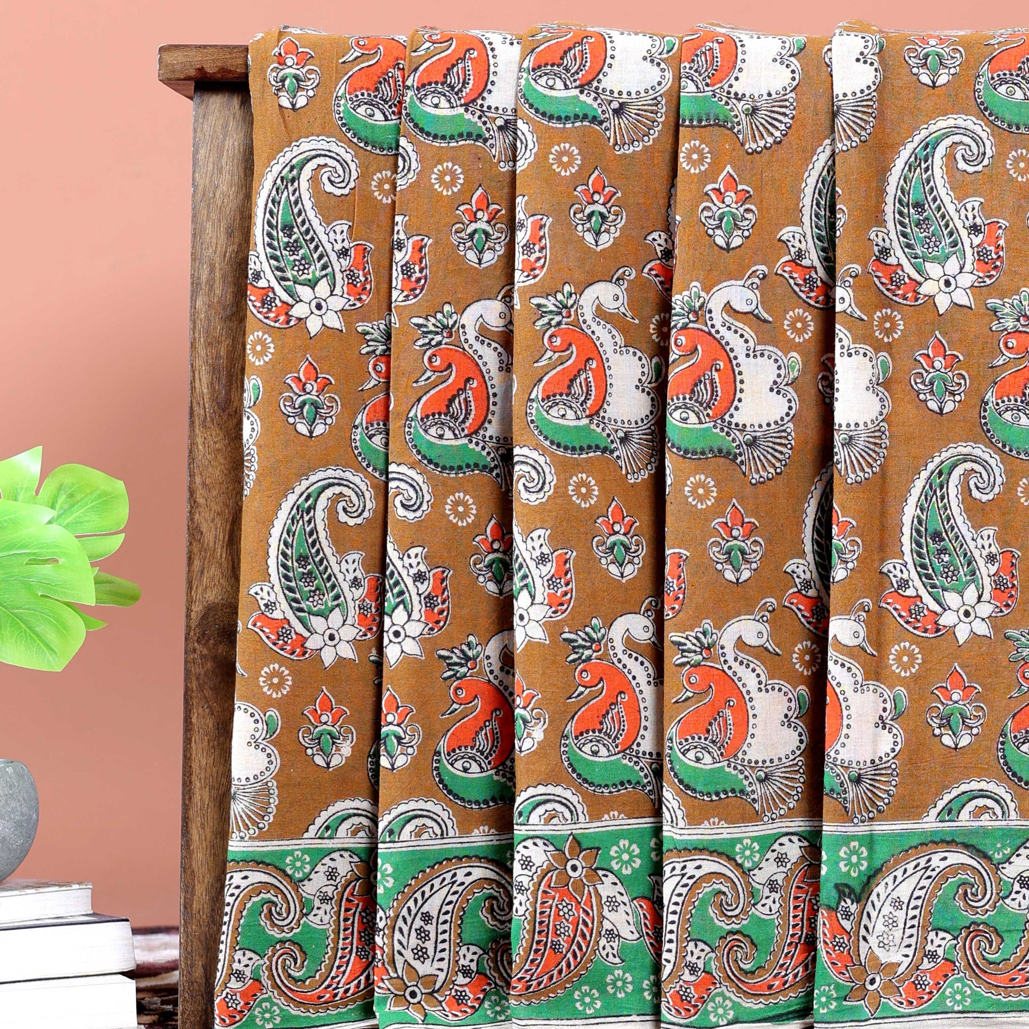 Traditional Kalamkari Cotton Saree with Traditional Paisley and Peacock Motifs - Brown